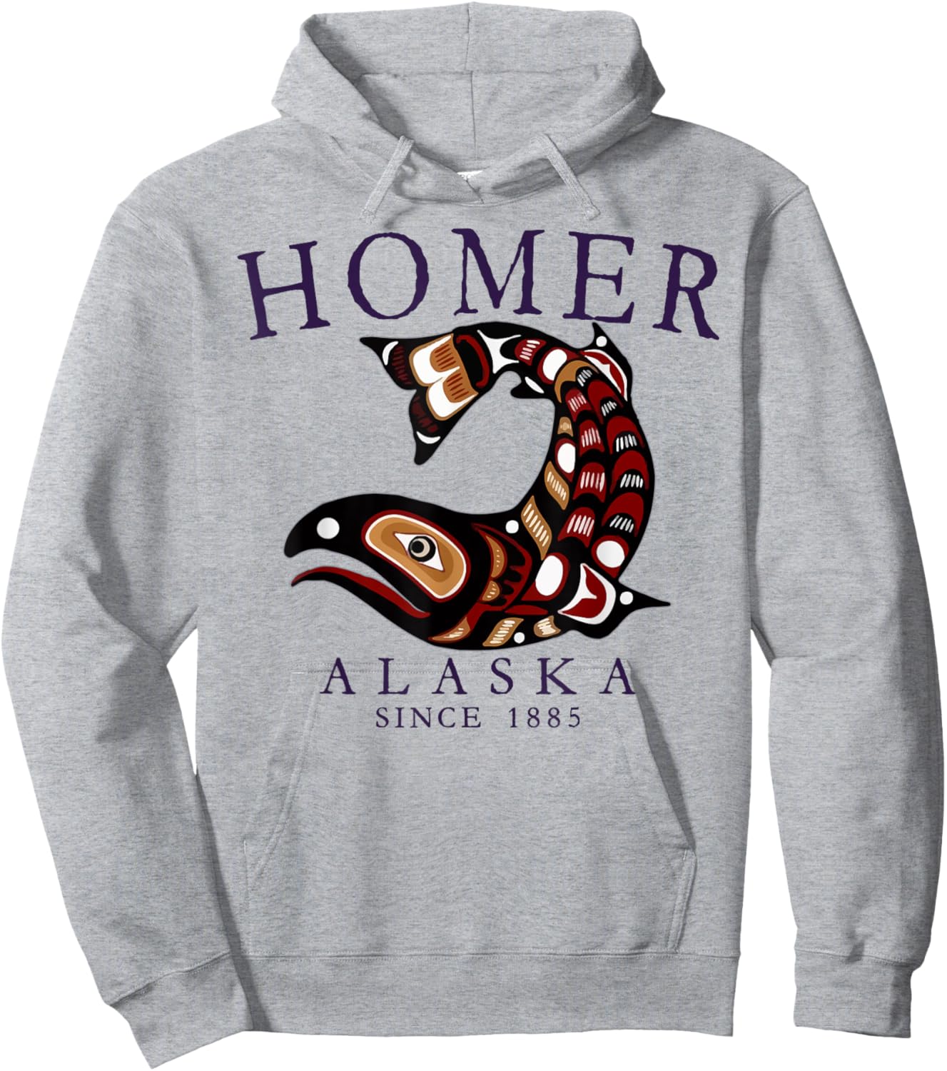 Homer Alaska Tribal Art Salmon Since 1885 Plum Letters Hoodie - Hoodie | Ash