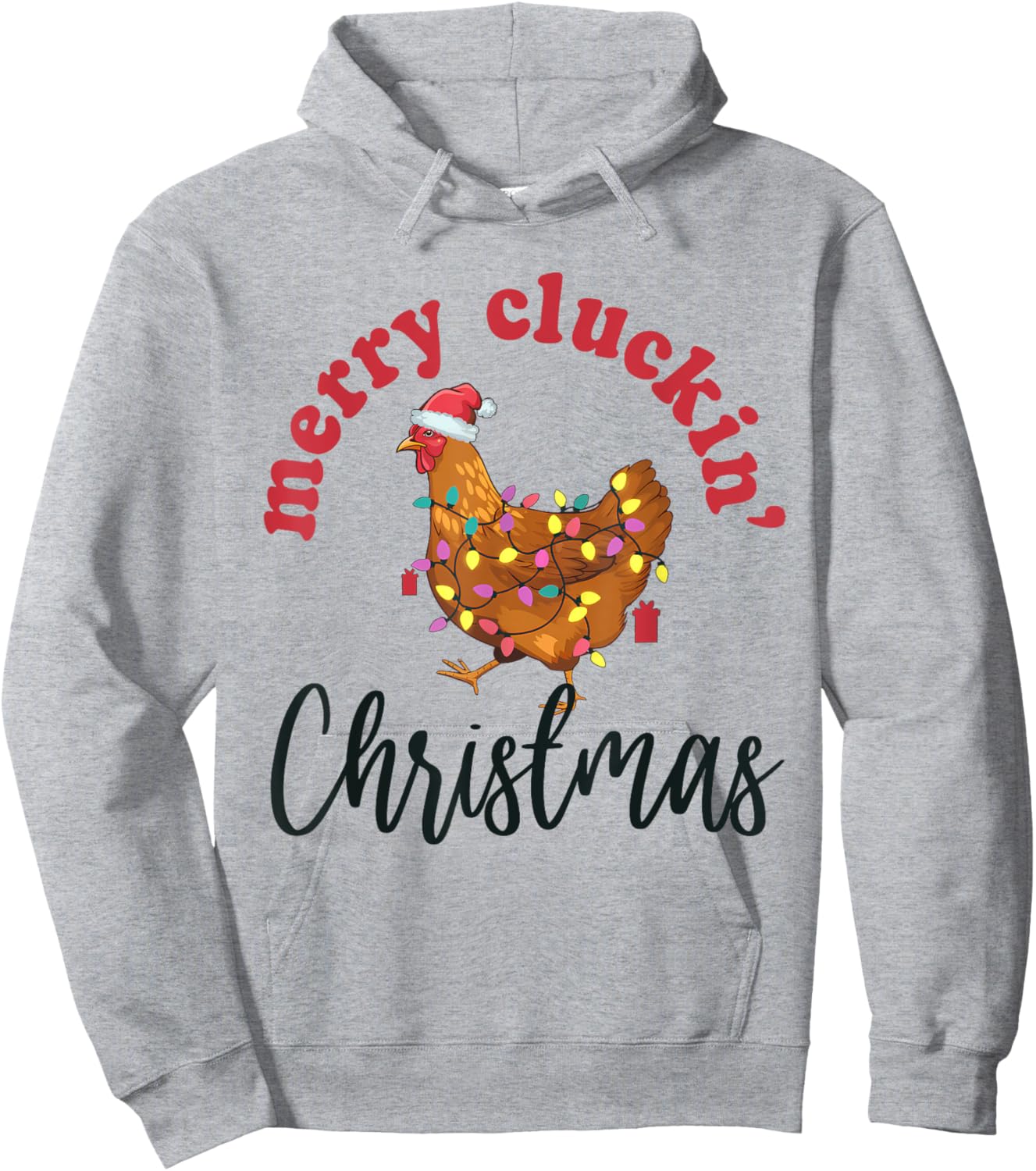 Merry Cluckin' Christmas Funny Chicken Santa Xmas Lights Hoodie - Hoodie | Ash