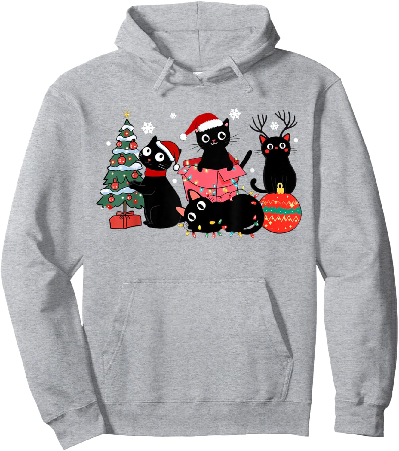 Meowy Christmas Black Cats Play Christmas Tree Lights Cats Hoodie - Hoodie | Ash