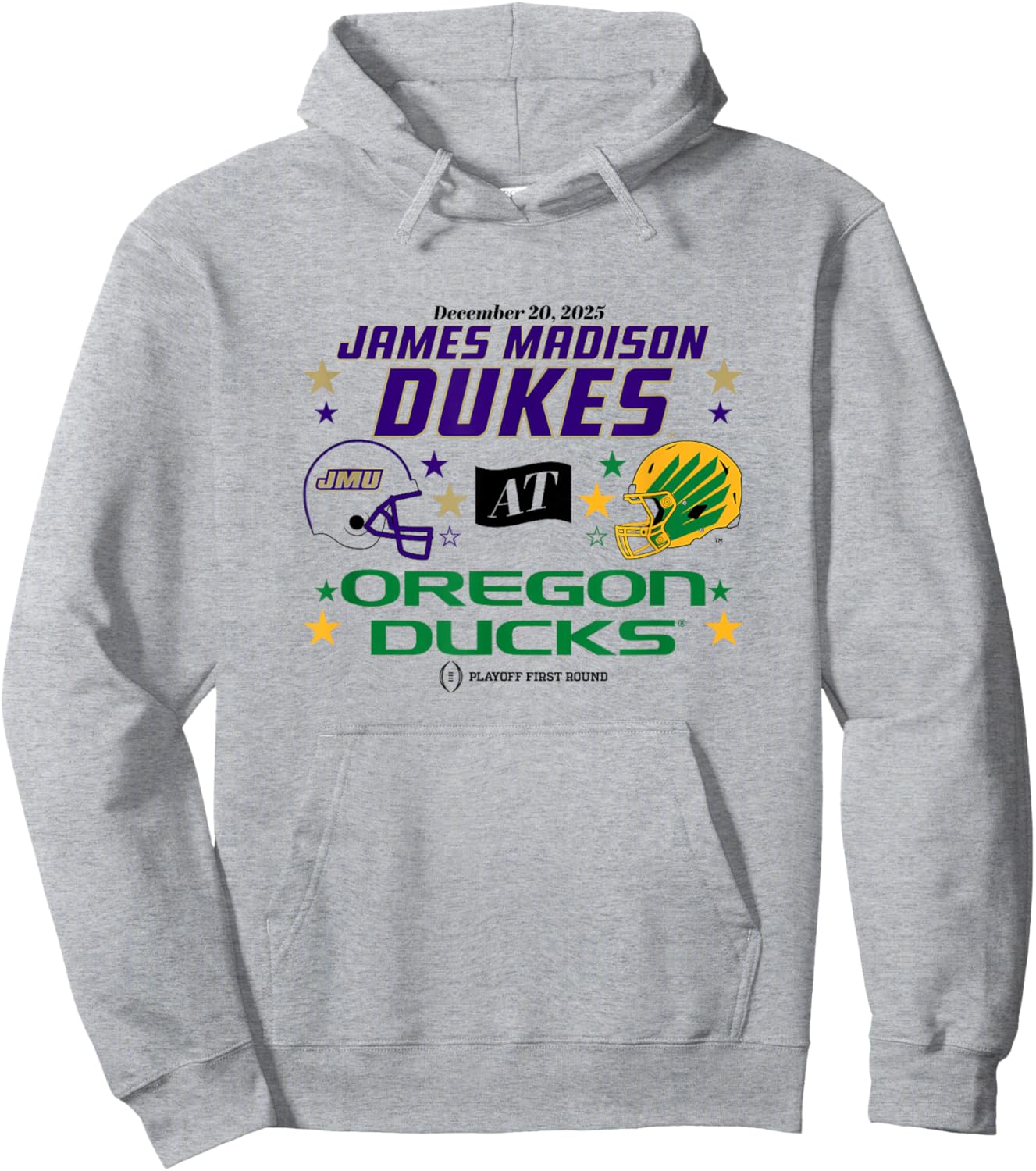 Oregon Ducks & JMU Dukes: 2025 CFP First Round Matchup Hoodie - Hoodie | Ash