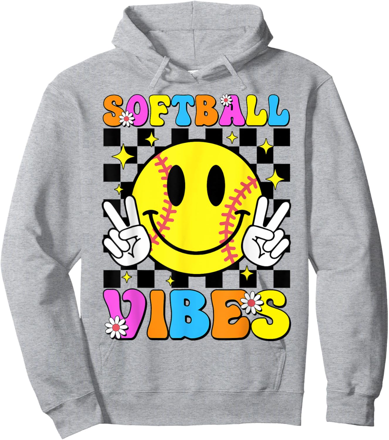 Groovy Softball Vibes Smile Face Checkered Girls Women Hoodie - Hoodie | Ash