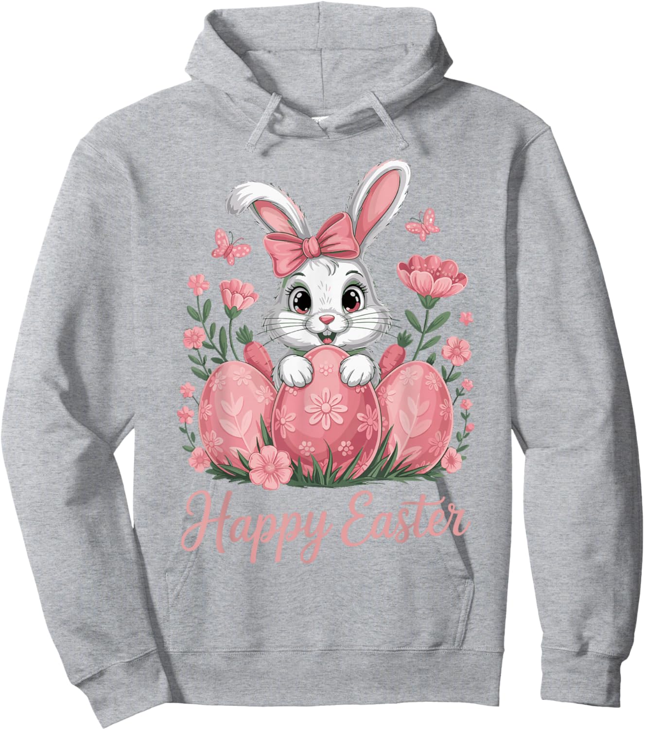 Cute Pink Bunny Eggs Flowers Happy Easter Hoodie - Hoodie | Ash