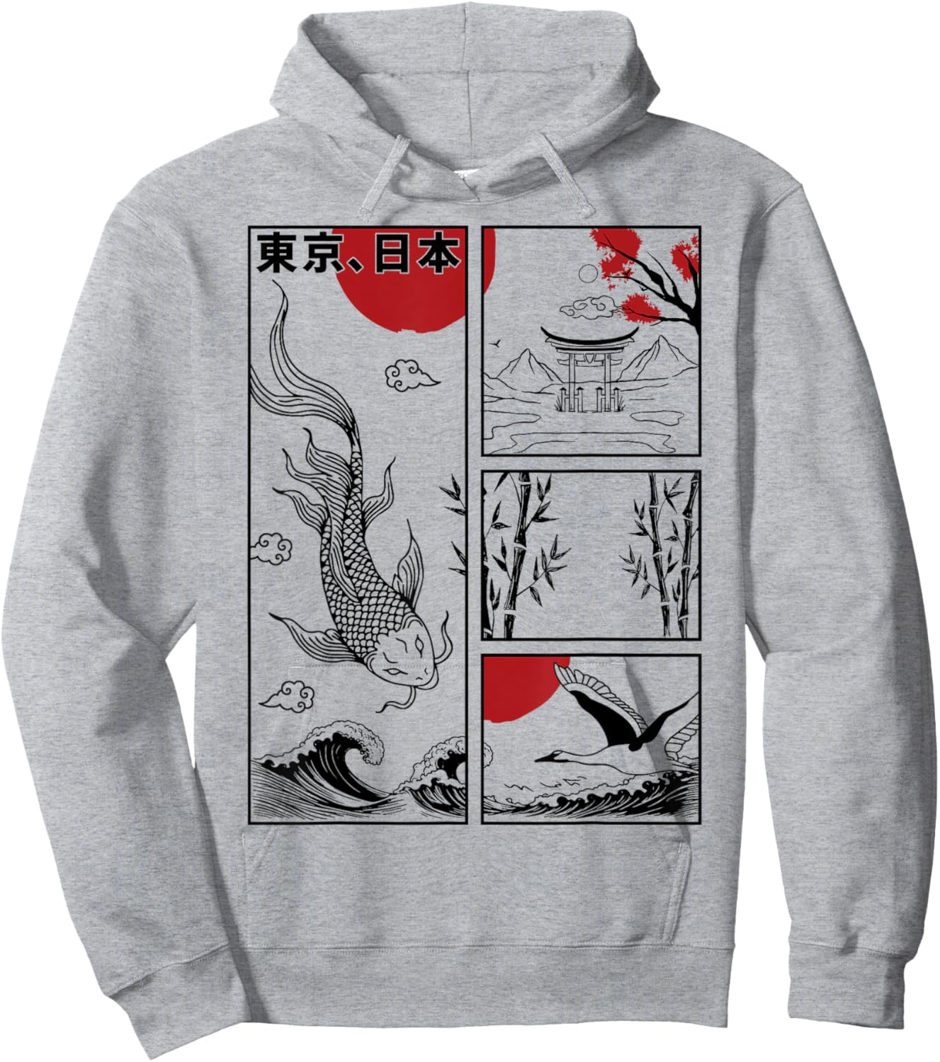 Japanese Koi Fish The Great Wave off Kanagawa Kanji Japan Hoodie - Hoodie | Ash