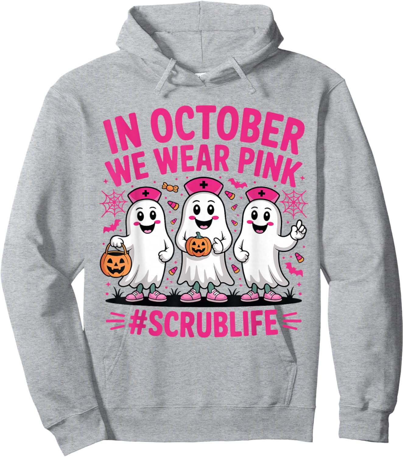 Nurse Scrub Life in October We Wear Pink Breast Cancer Nurse Hoodie - Hoodie | Ash