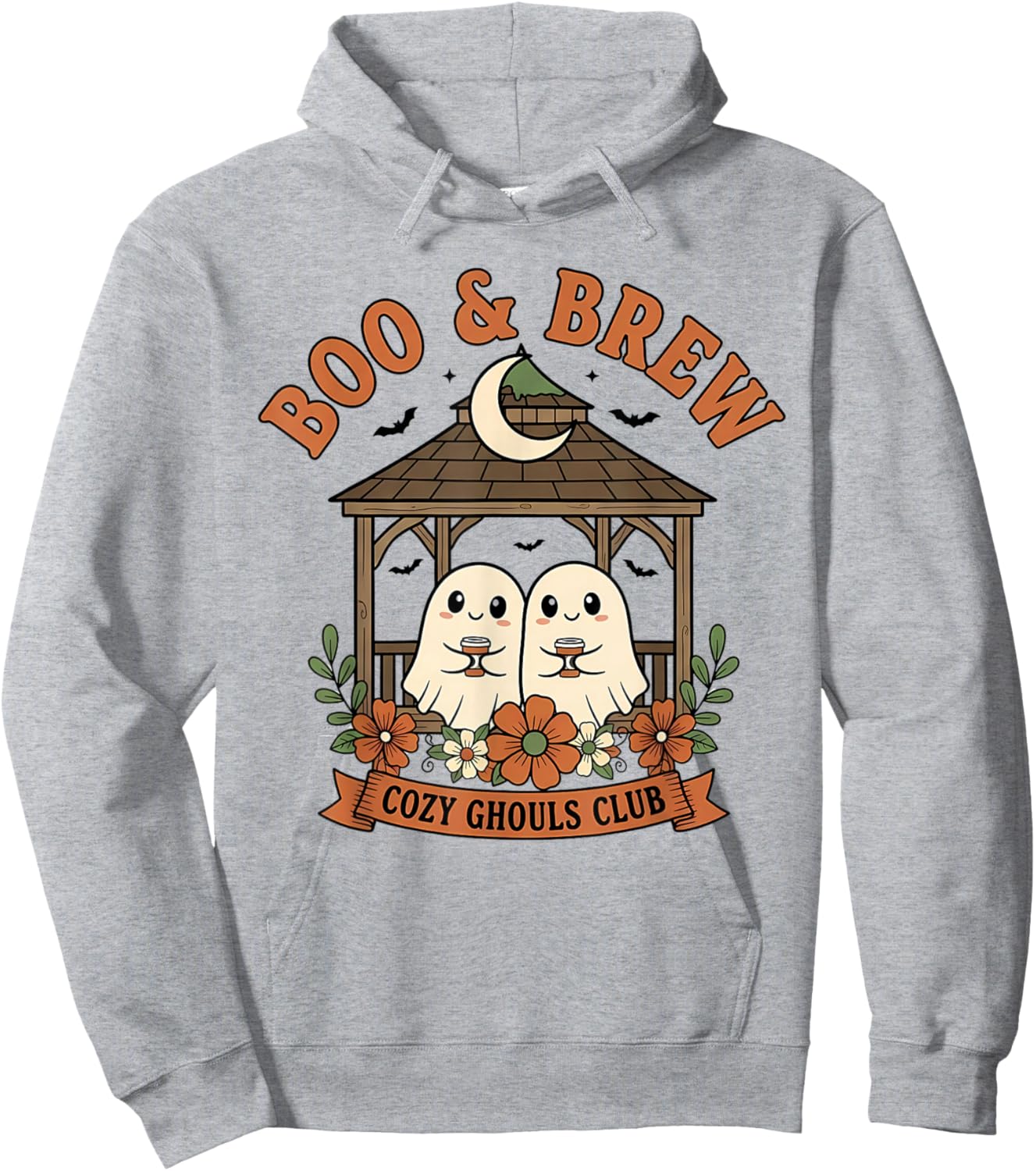 Boo & Brew Cozy Ghouls Club Cute Ghost Coffee Halloween Hoodie - Hoodie | Ash
