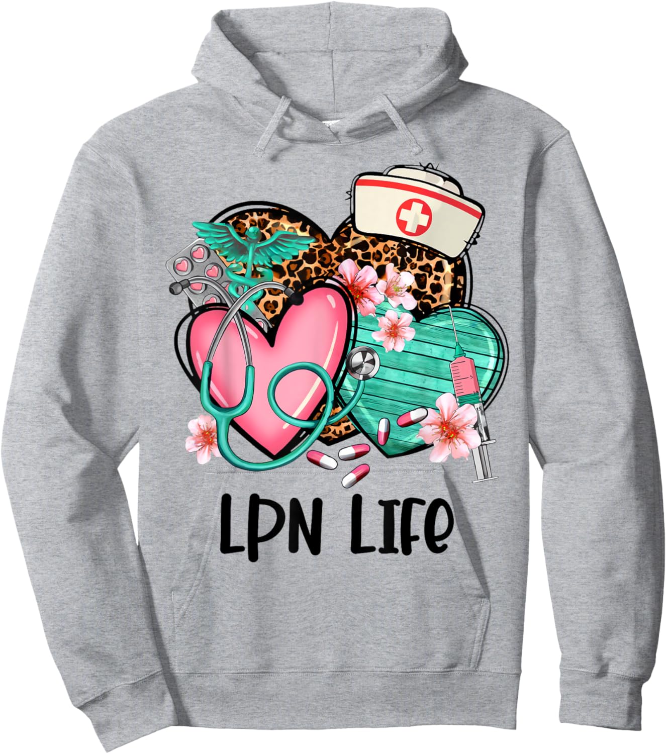LPN Shirt Nurse Life Graphic Leopard Heart Hoodie - Hoodie | Ash