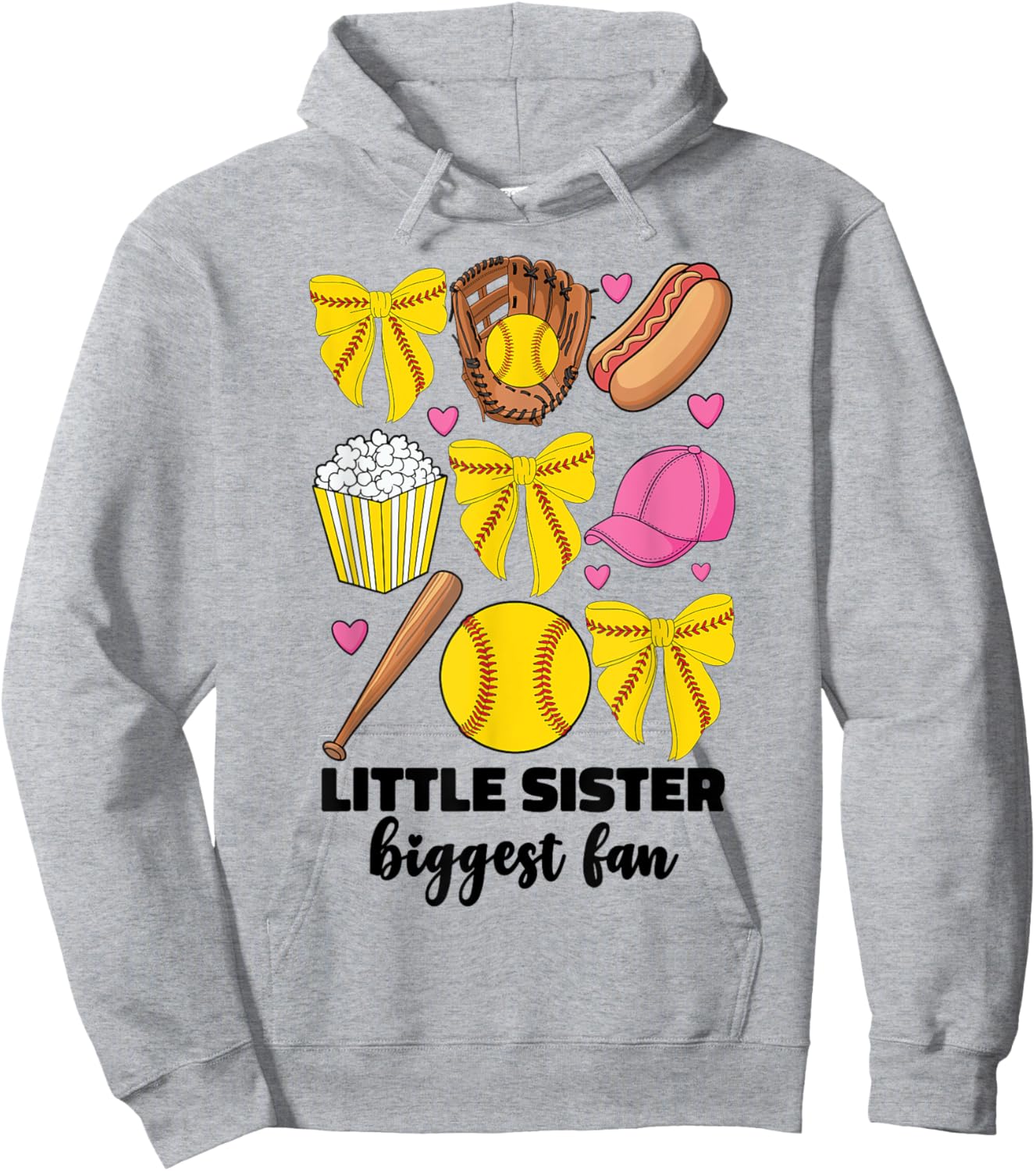 Little Sister Biggest Fan Softball Teen Girls Coquette Bow Hoodie - Hoodie | Ash