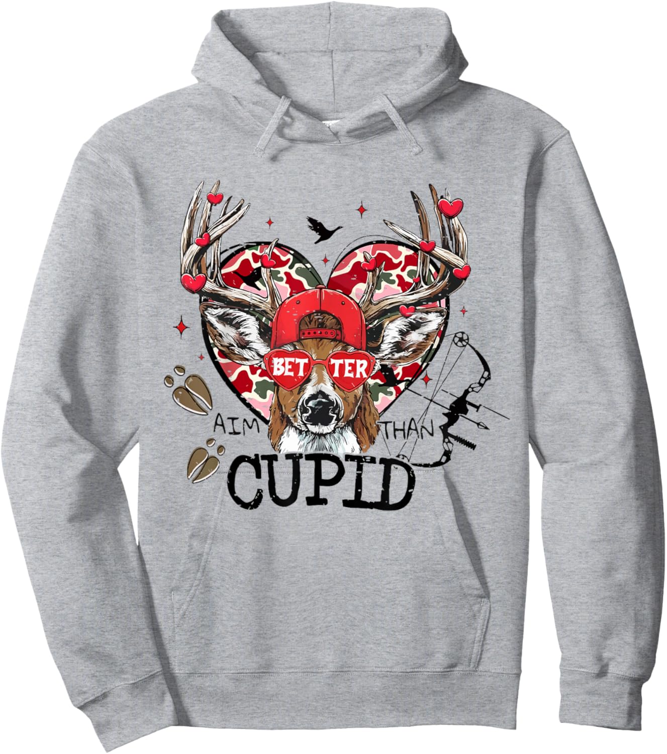 Vintage Better Aim Than Cupid Deer Camo Hunting Valentine Hoodie - Hoodie | Ash