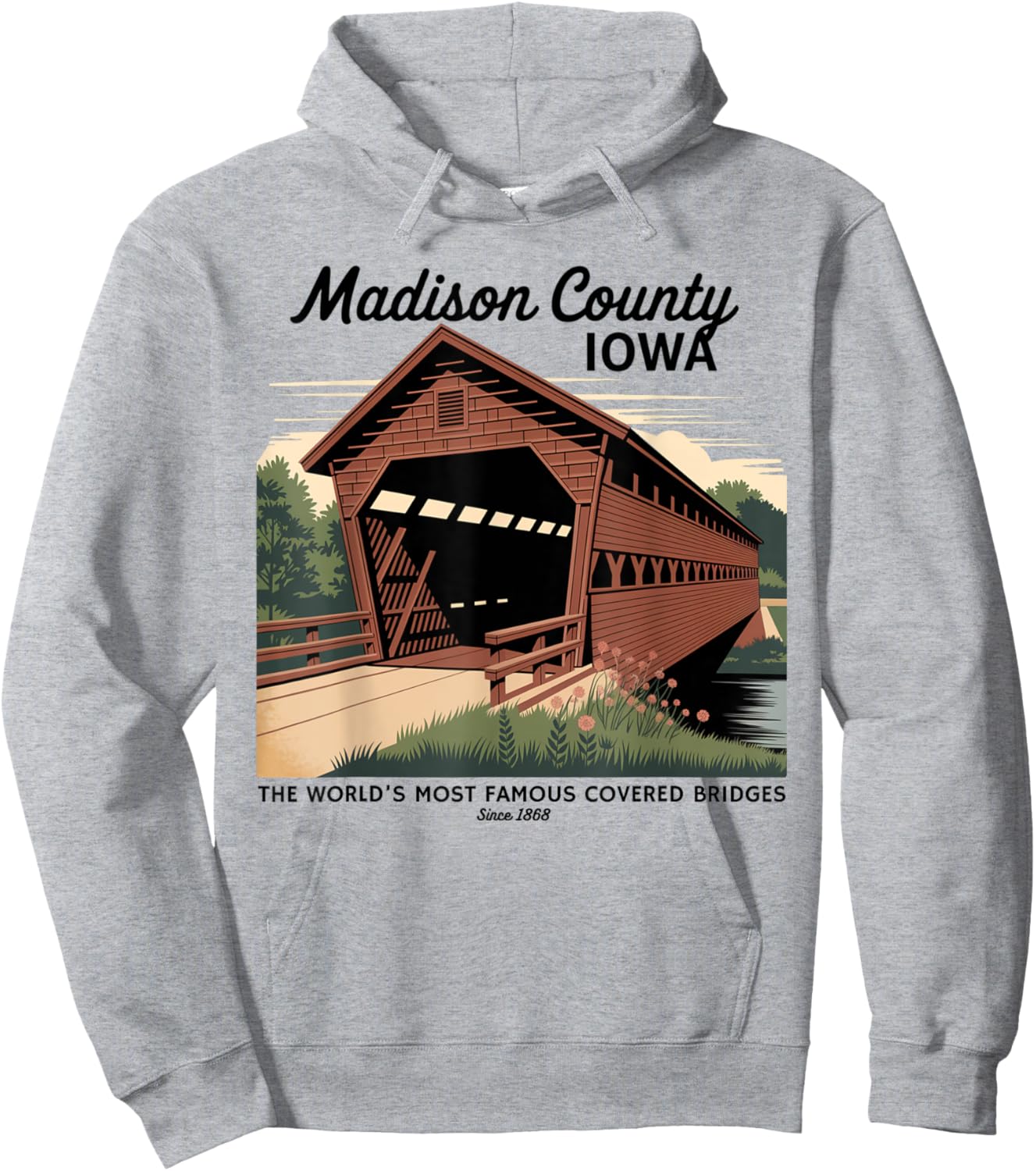 Vintage Poster-Style Covered Bridges Madison County Iowa Hoodie - Hoodie | Ash