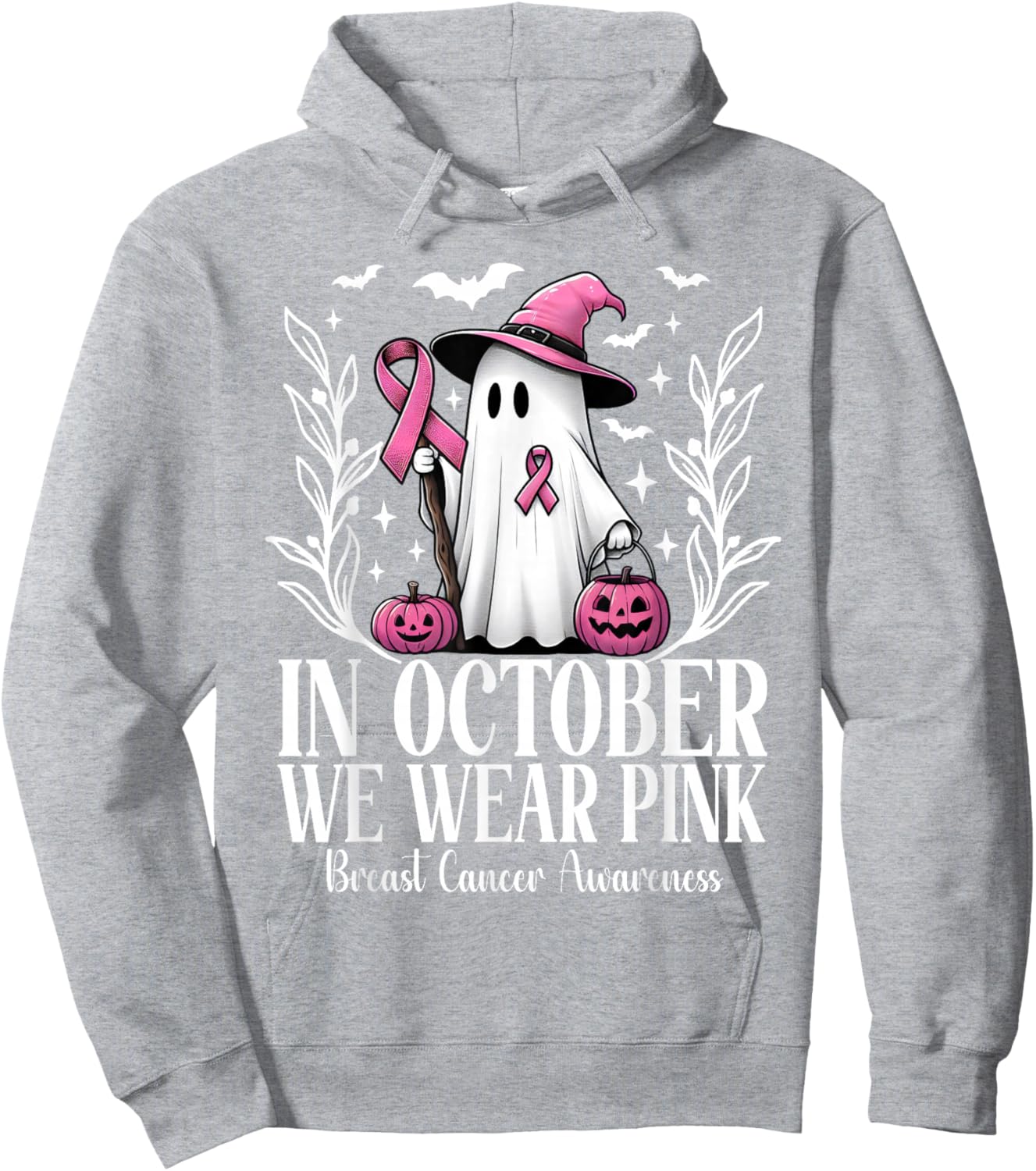 In October We Wear Pink Breast Cancer Ghost Witch Halloween Hoodie - Hoodie | Ash