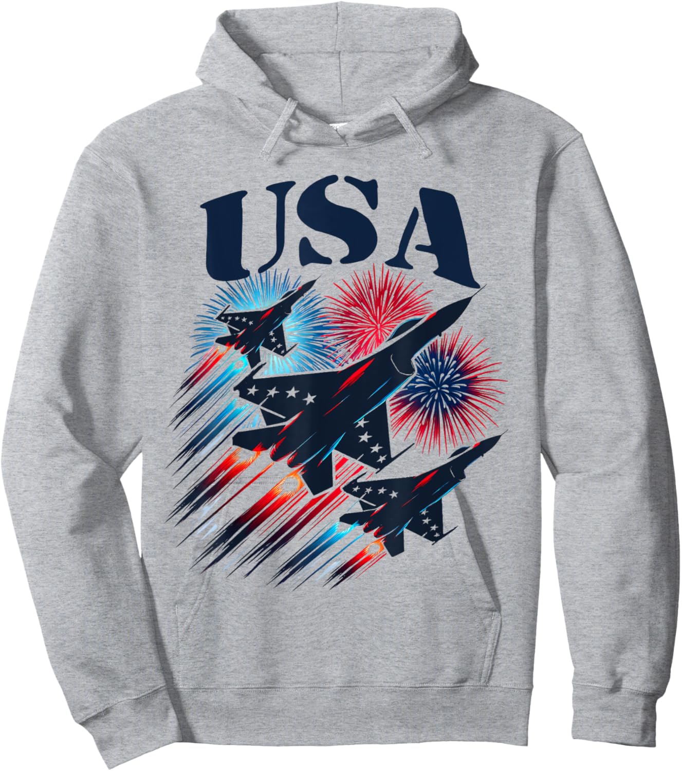 Patriotic 4th of July USA Flag Fighter Jets Planes Fireworks Hoodie - Hoodie | Ash