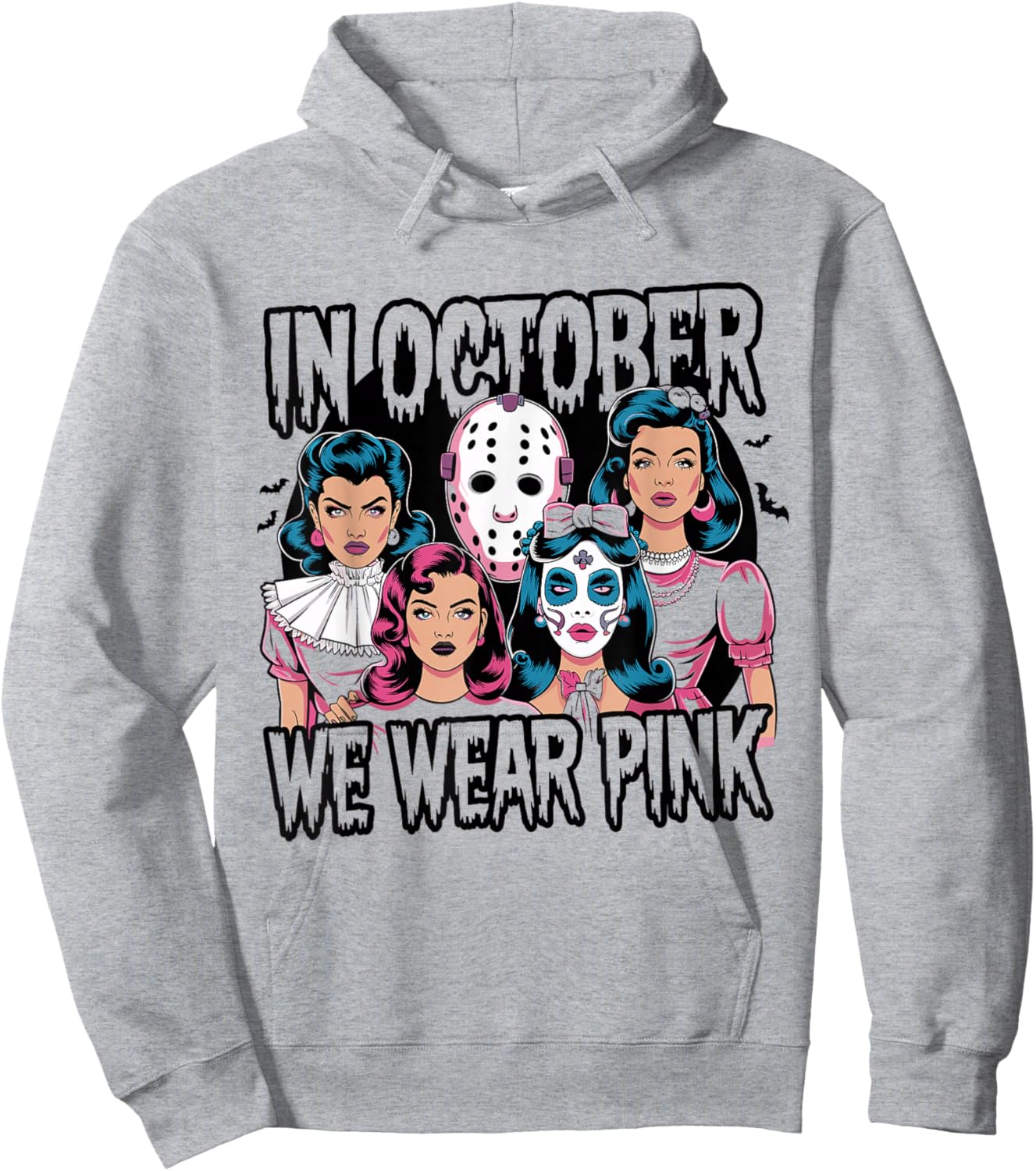 In October We Wear Pink Horror Breast Cancer Awareness Hoodie - Hoodie | Ash