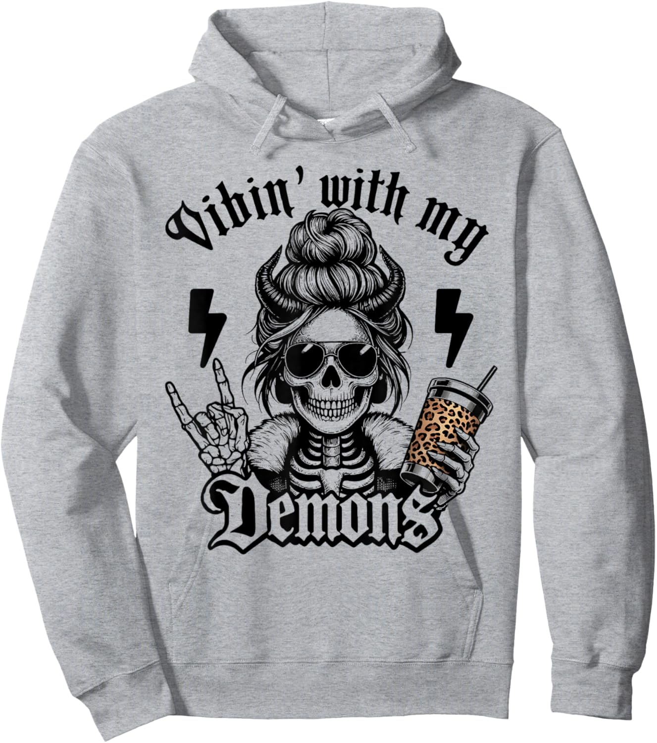 Vibin with My Demons Gothic Skeleton Messy Bun Art Hoodie - Hoodie | Ash