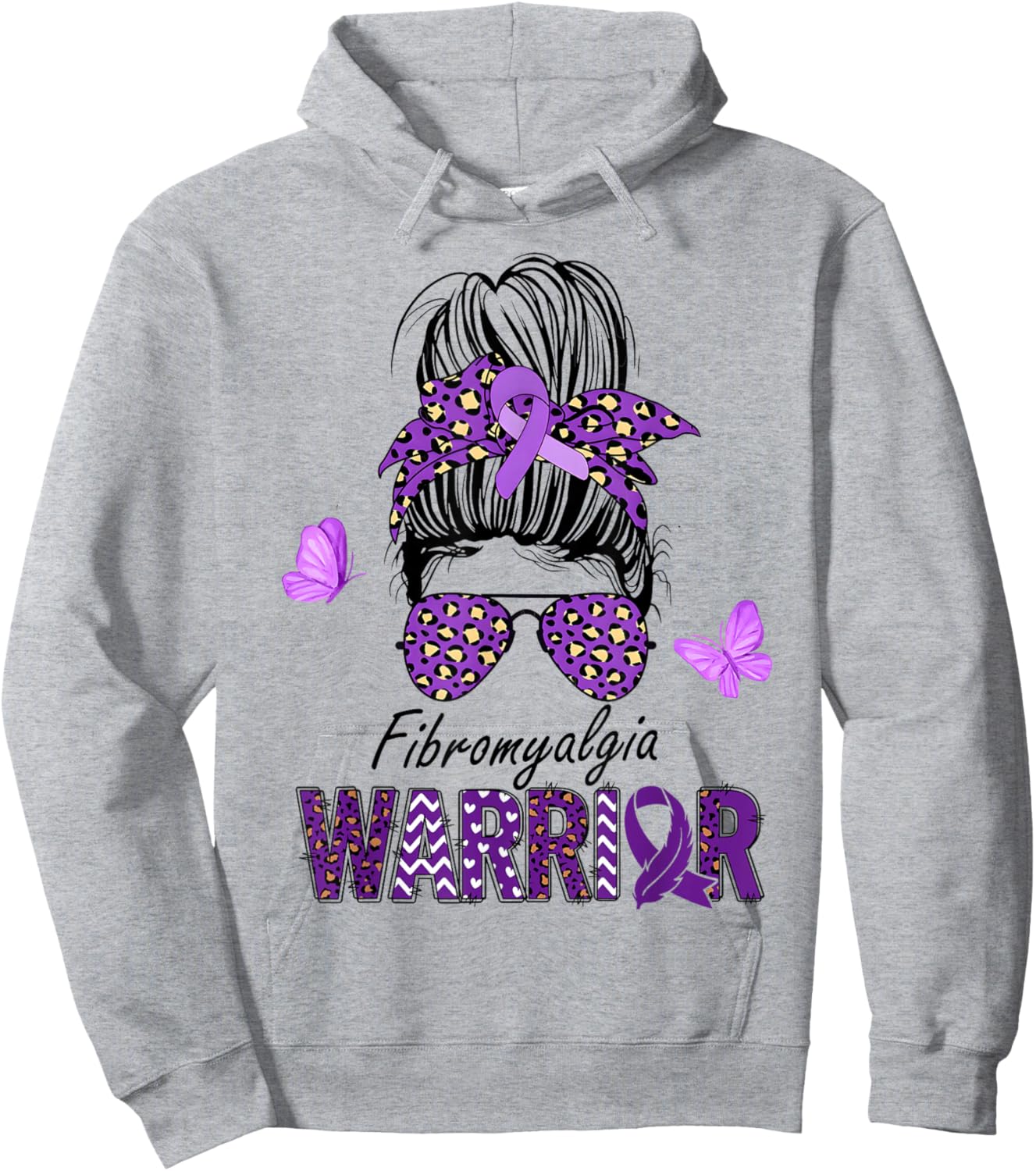 Fibromyalgia Awareness Messy Bun Purple Ribbon warrior Hoodie - Hoodie | Ash