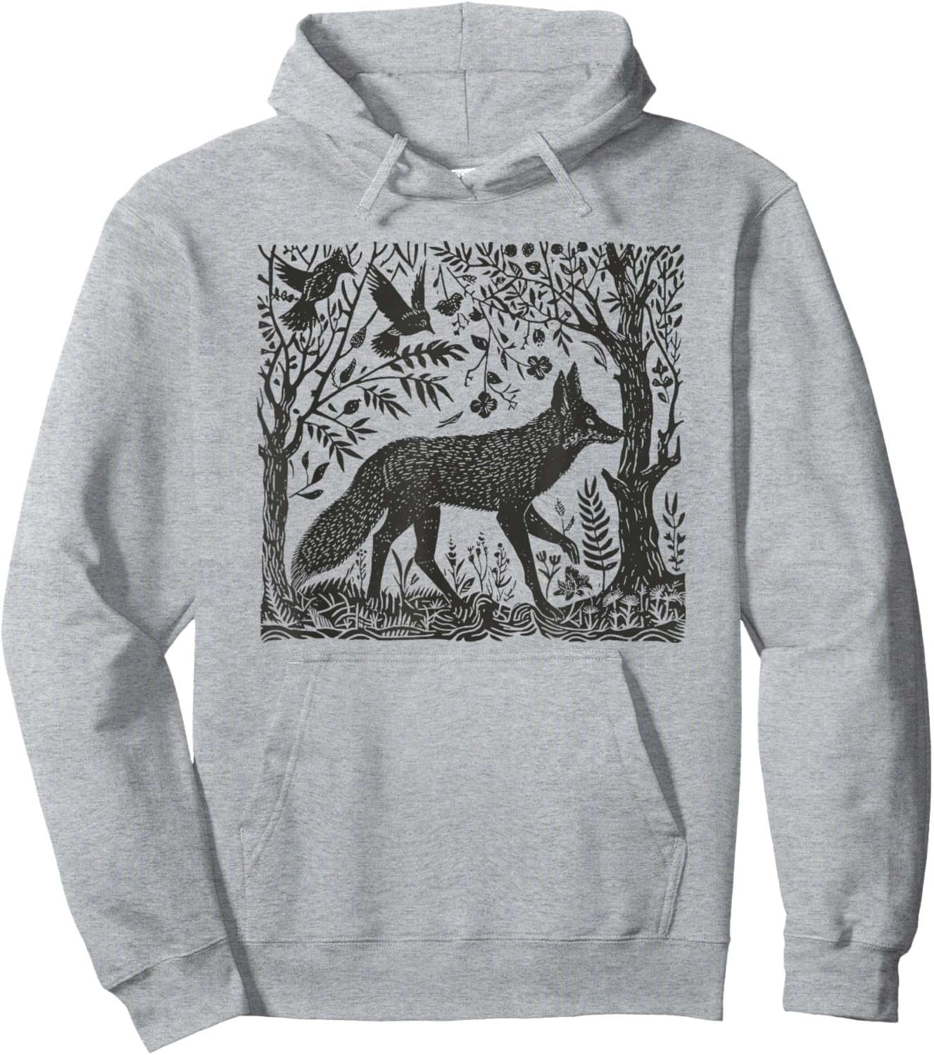 Folklore Forest Fox Lino Print Hoodie - Hoodie | Ash