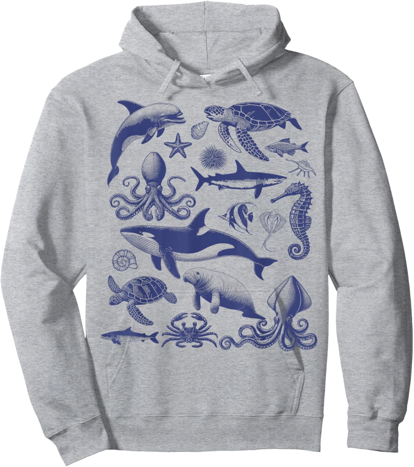 Ocean Wildlife Vintage Shark Turtle Octopus Graphic Hoodie - Hoodie | Ash
