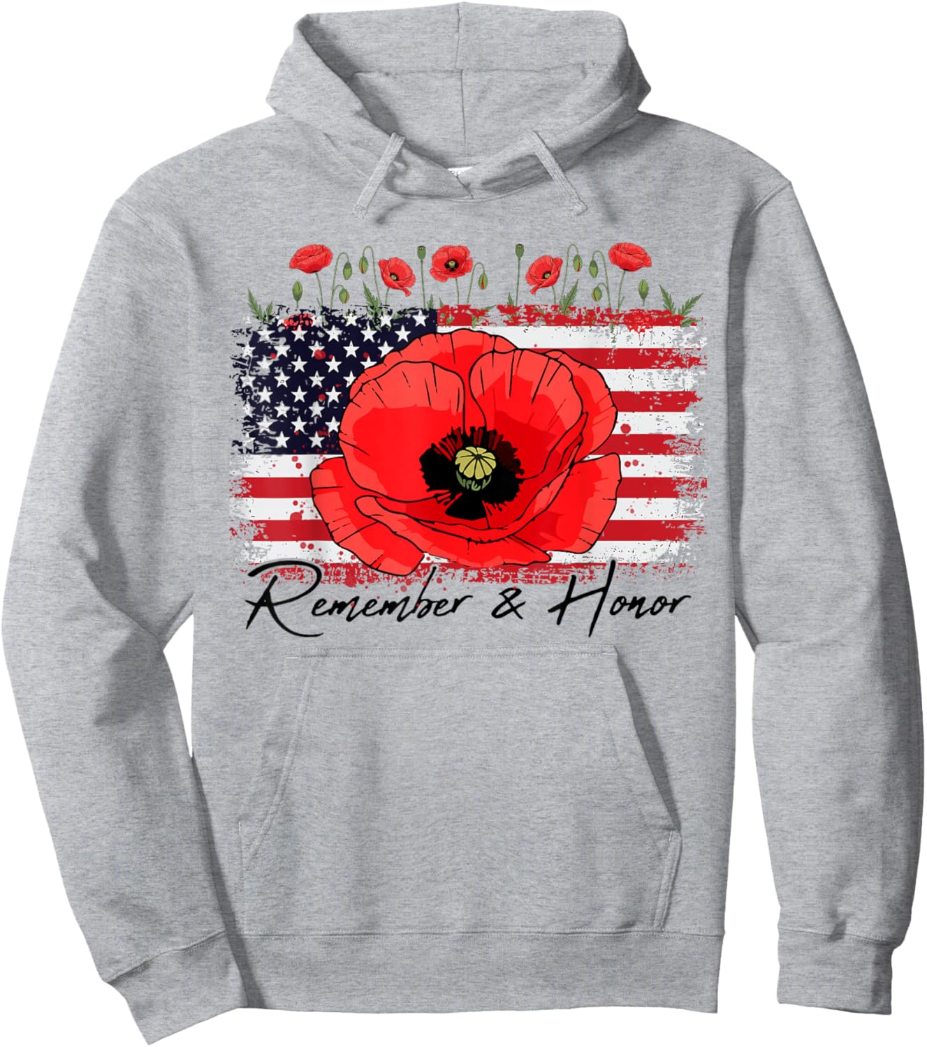Memorial Day Remember Honor Patriotic USA Flag Flower Women Hoodie - Hoodie | Ash