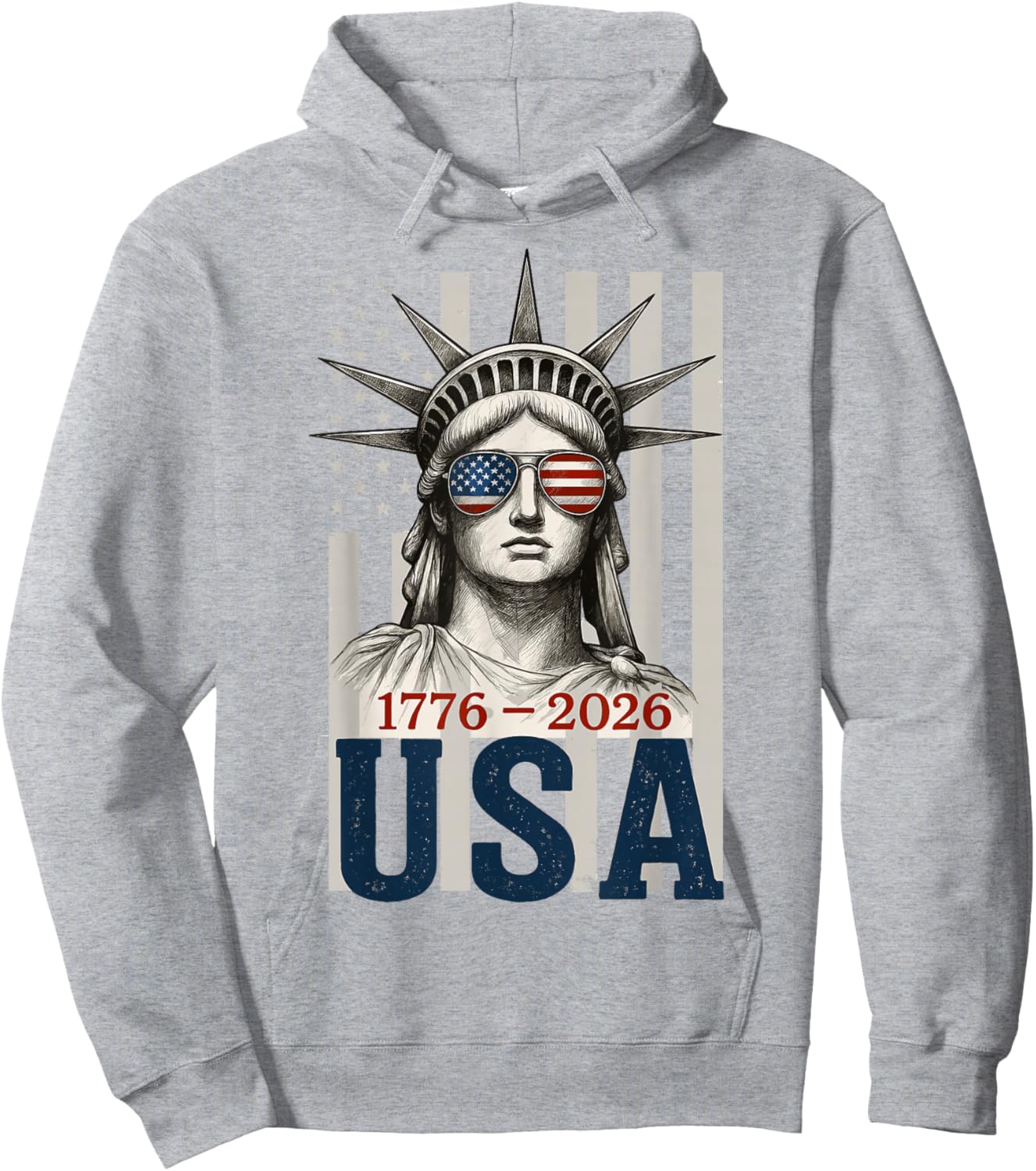 Statue of Liberty Wearing Glasses with Flag USA 1776-2026 Hoodie - Hoodie | Ash