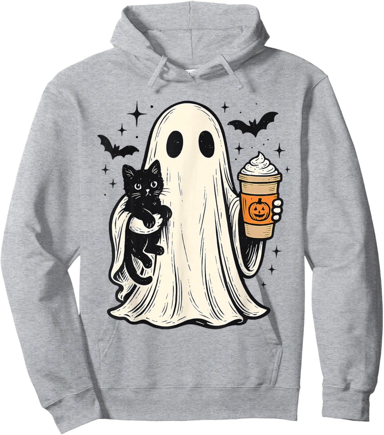 Cute Halloween Ghost Holding Black Cat Fall Coffee Hoodie - Hoodie | Ash
