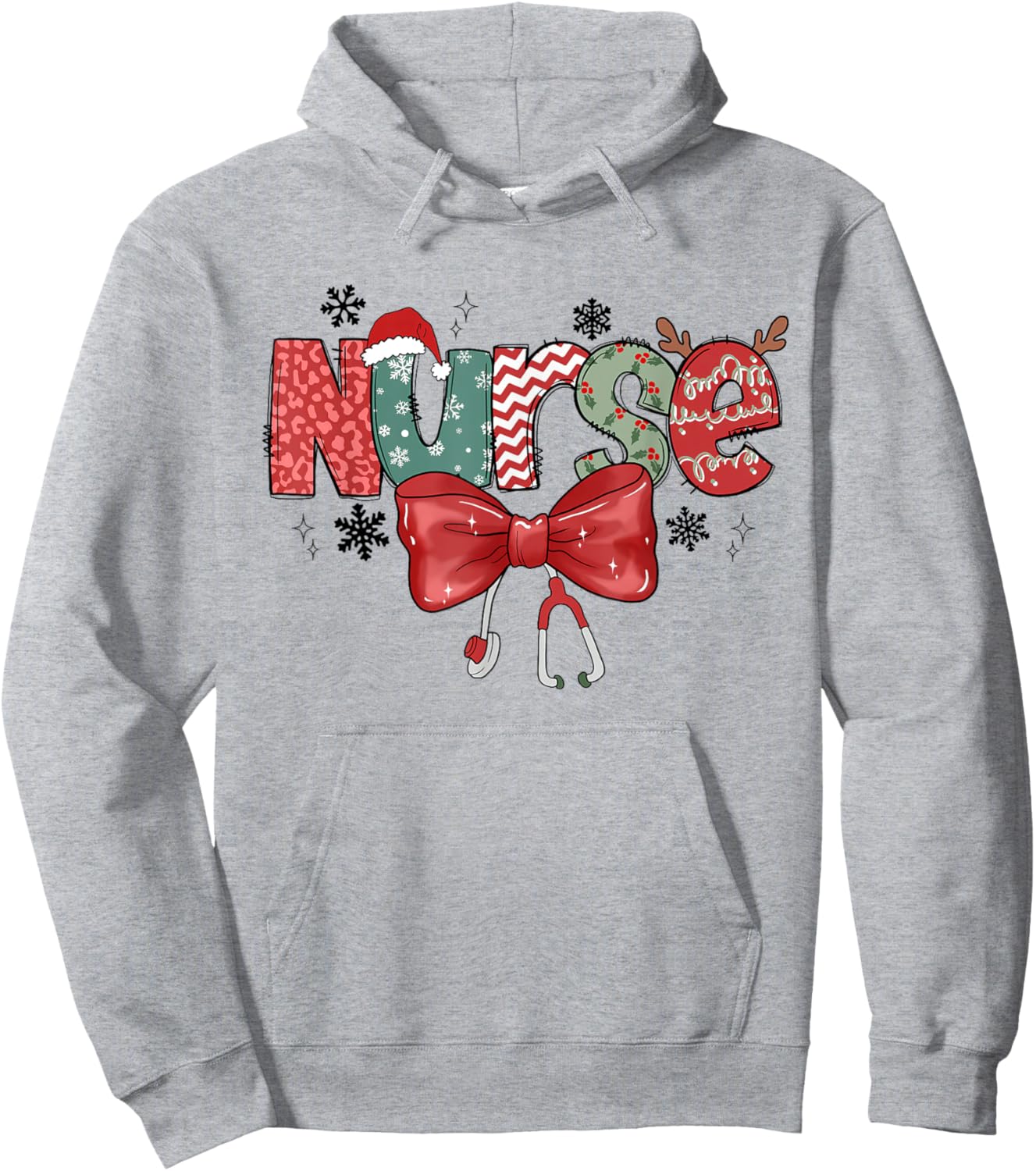 Christmas Nurse Coquette Bow Stethoscope Nursing Xmas Pjs Hoodie - Hoodie | Ash
