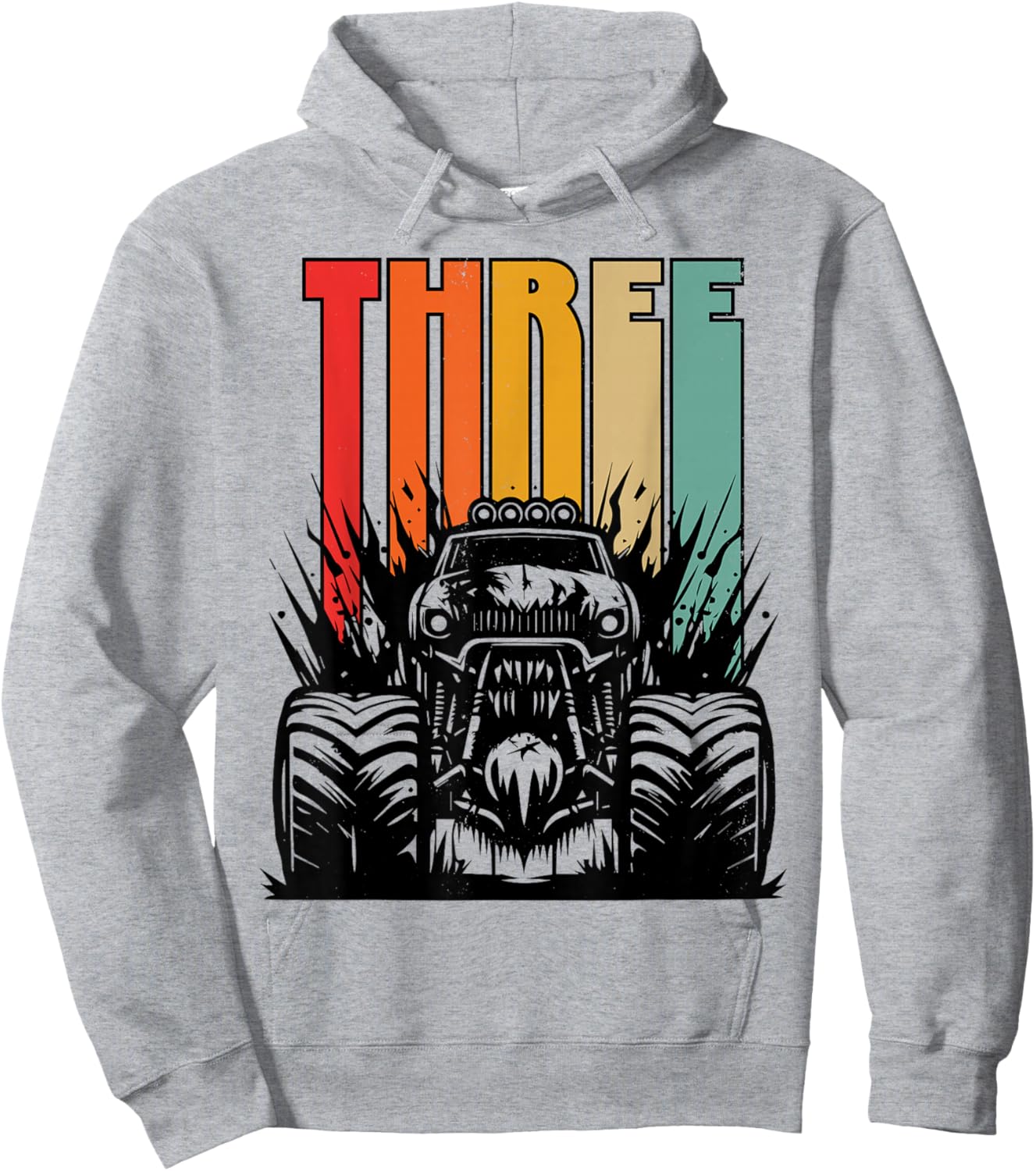 3 Year Old Monster Truck Lovers 3rd Birthday Party Retro Hoodie - Hoodie | Ash