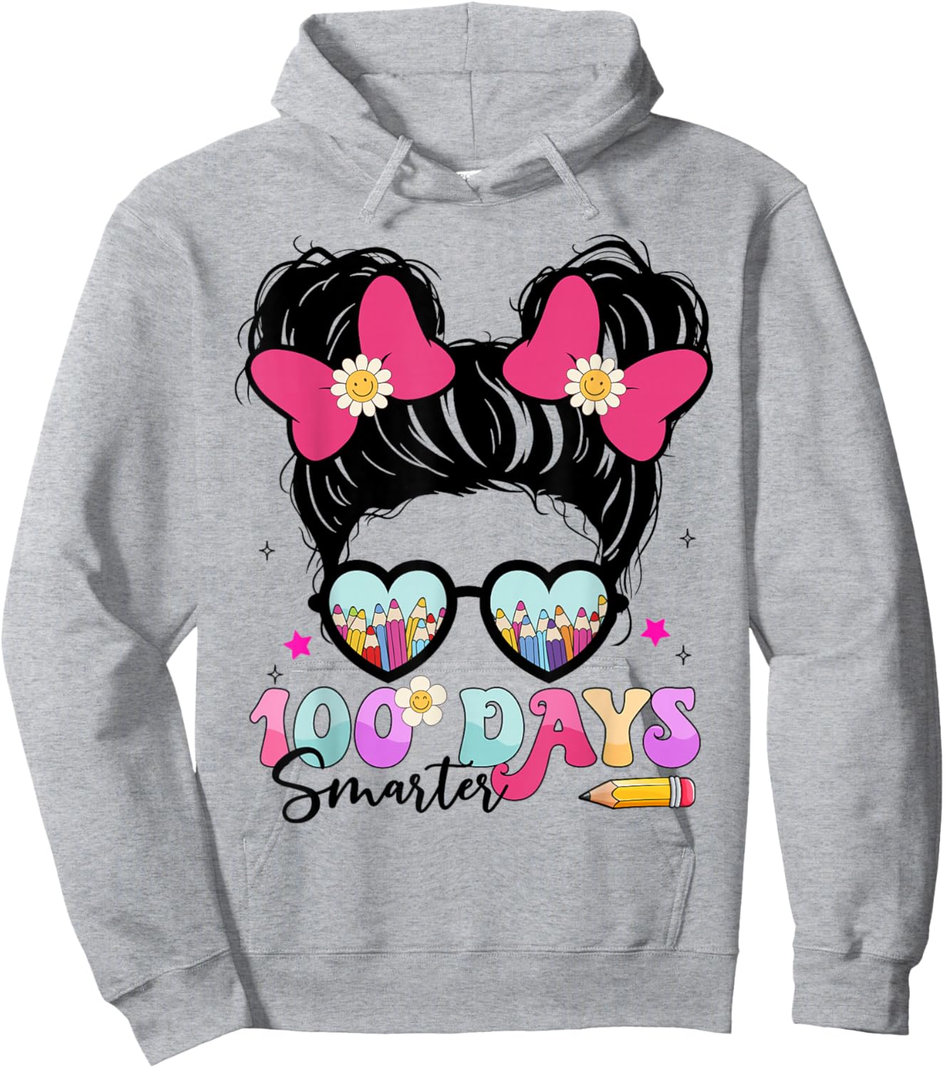 Messy Bun Hair 100th Day of School 100 Days Smarter Kids Hoodie - Hoodie | Ash