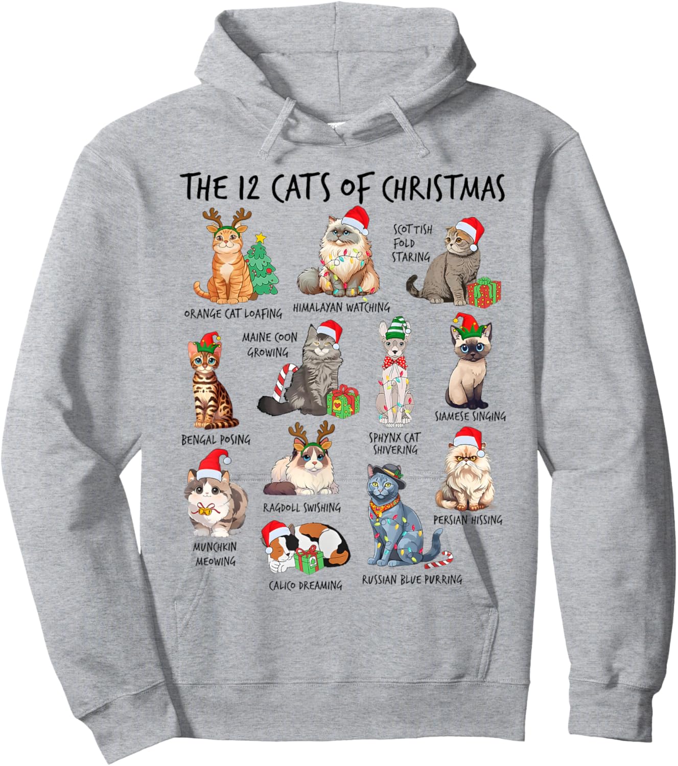 12 Cats of Christmas Funny Christmas Cat Lover Xmas Holiday Men Women Kids Hoodie - Hoodie | Ash