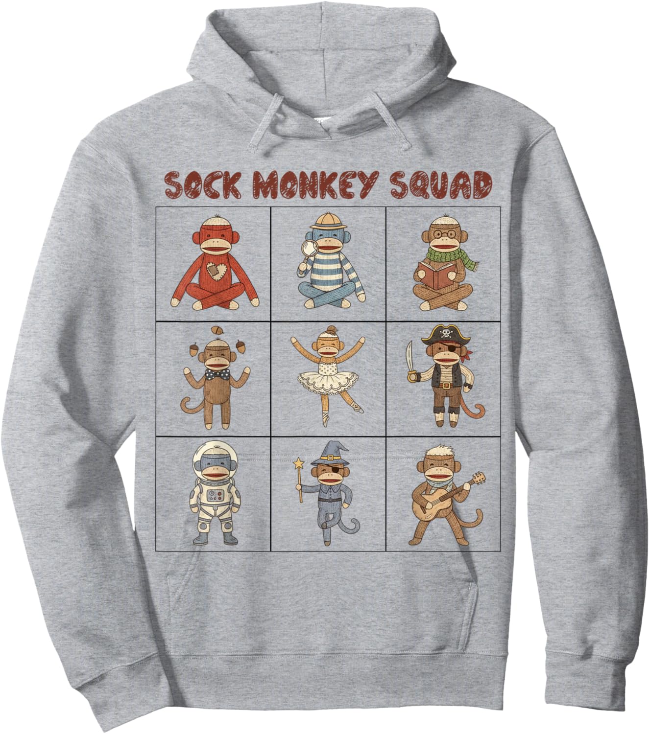 Sock Monkey Grid Graphic - Retro Vintage Sock Monkey Lovers Hoodie - Hoodie | Ash