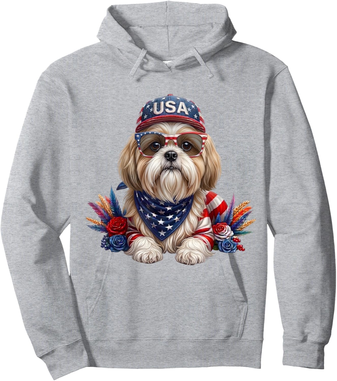 4th of July Shih Tzu American Flag USA Patriotic Dog Hoodie - Hoodie | Ash
