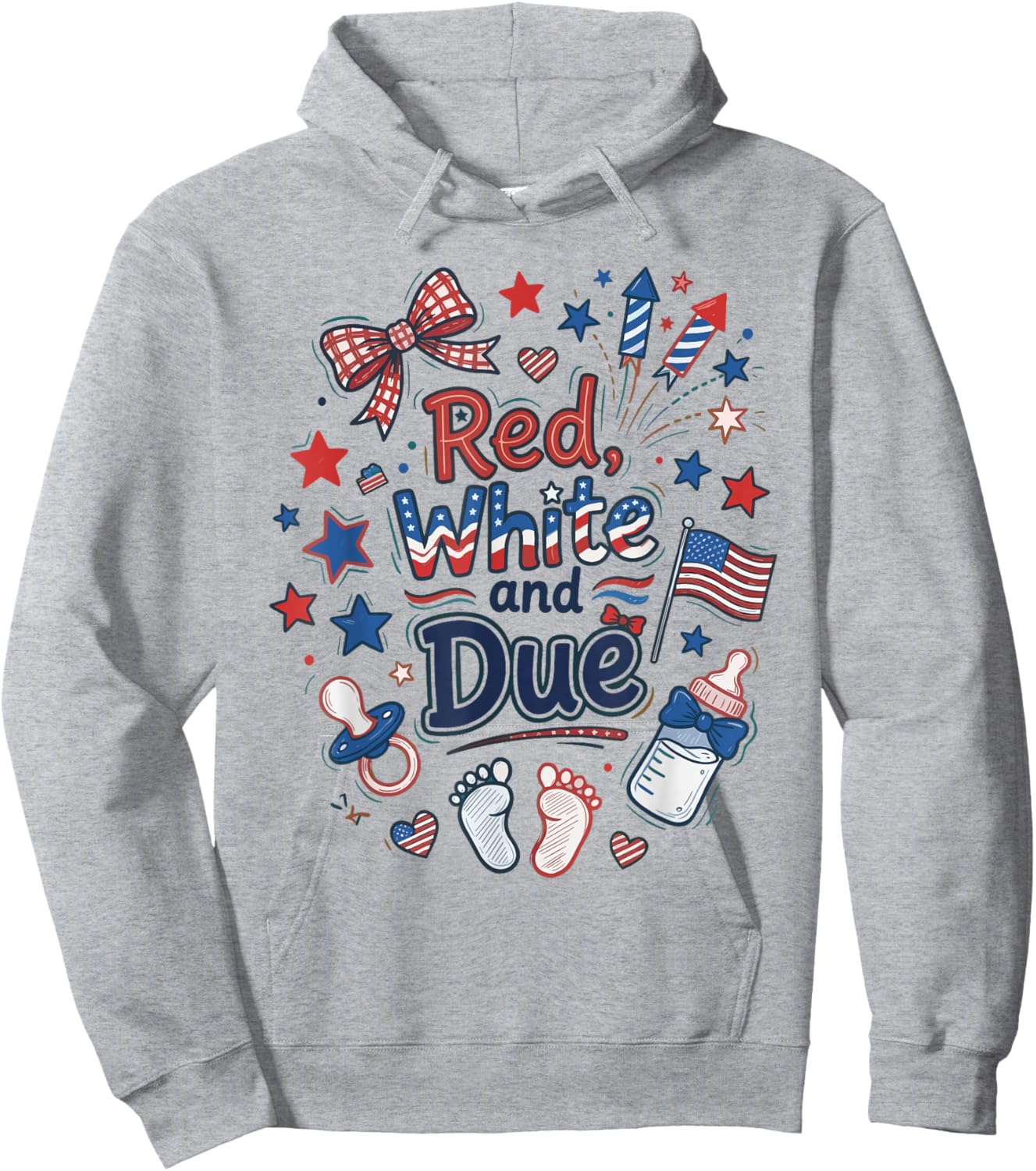 Red White and Due 4th of July Pregnancy Announcement Baby Hoodie - Hoodie | Ash