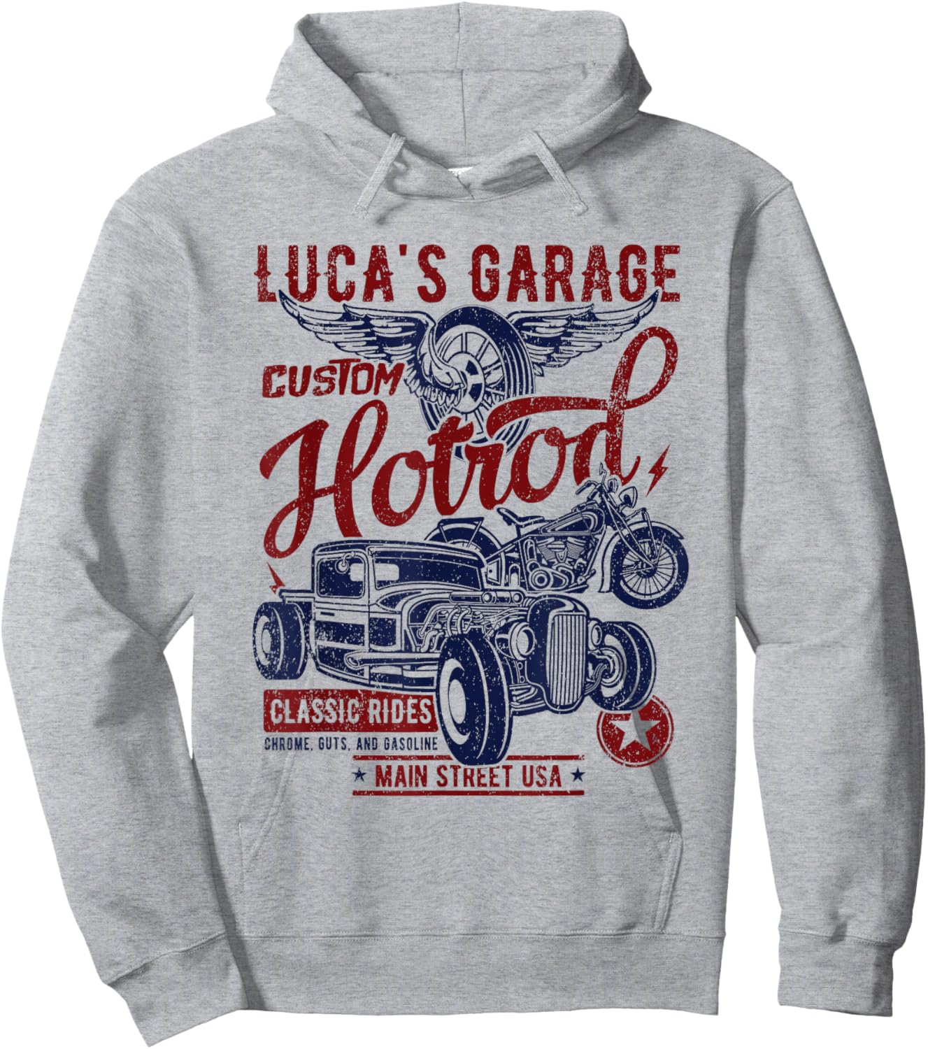 Luca's Garage Hotrod Classic Rides Distressed Design Hoodie - Hoodie | Ash