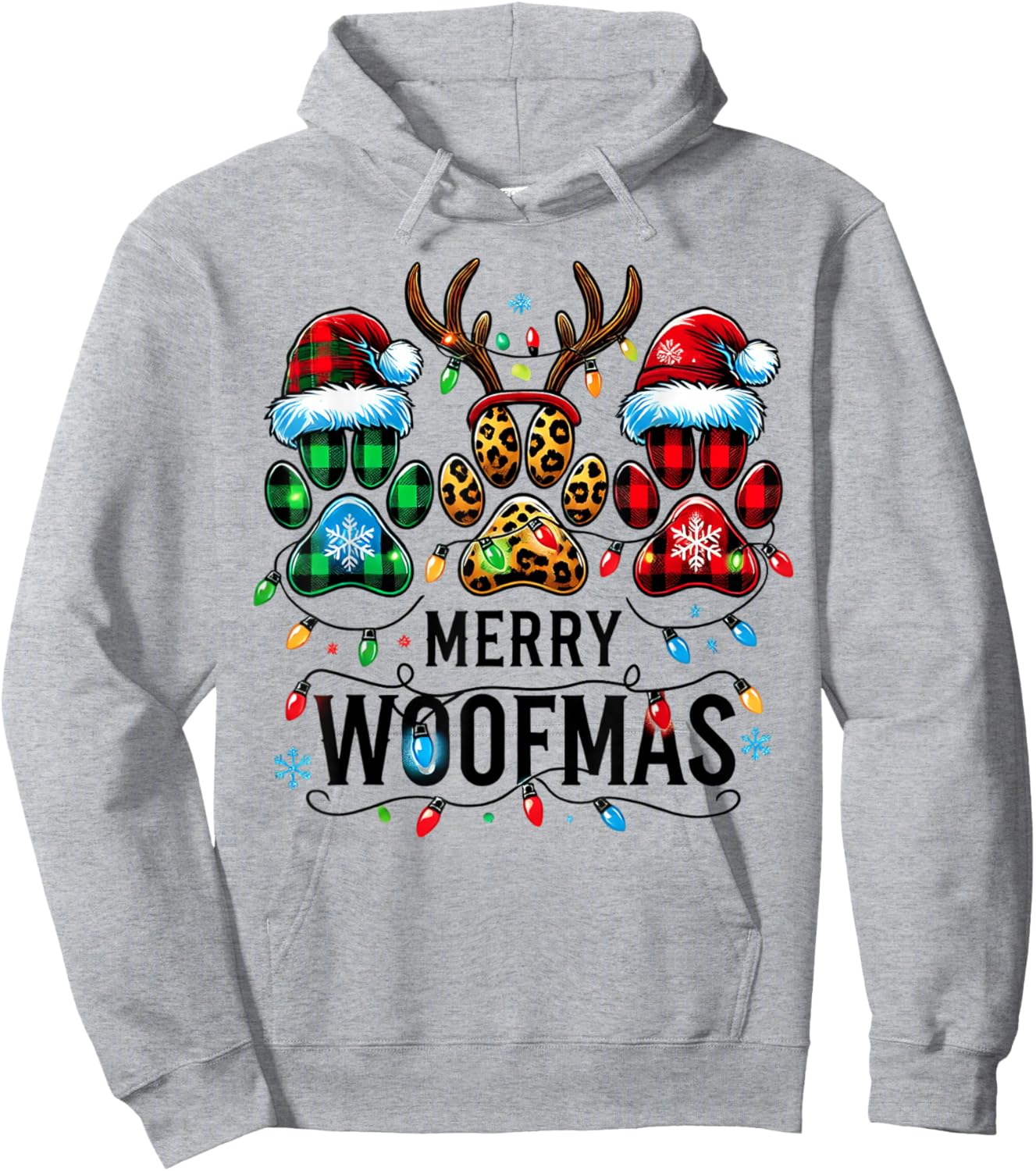Merry Woofmas Dog Paw Christmas Lights Xmas Reindeer Santa Men Women Kids Hoodie - Hoodie | Ash