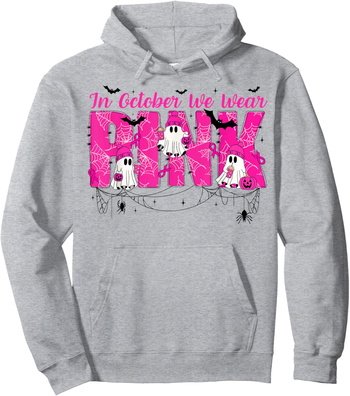 We Wear Pink in October Cute Ghost Breast Cancer Awareness Hoodie - Hoodie | Ash