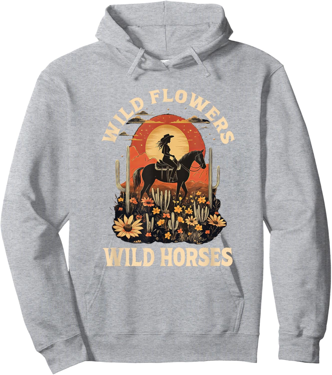 Western Sunset Cowgirl Riding Horse Wild Flowers Wild Horses Hoodie - Hoodie | Ash