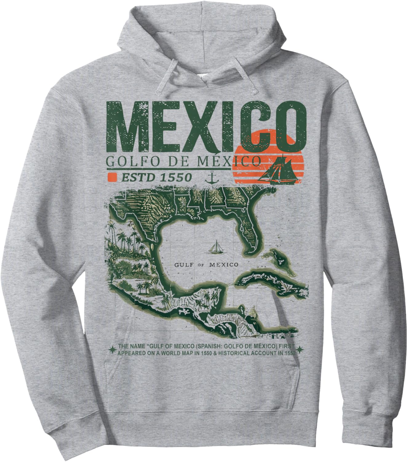 Gulf of Mexico | Golfo de México Forever 1550 Retro Old Map Hoodie - Hoodie | Ash