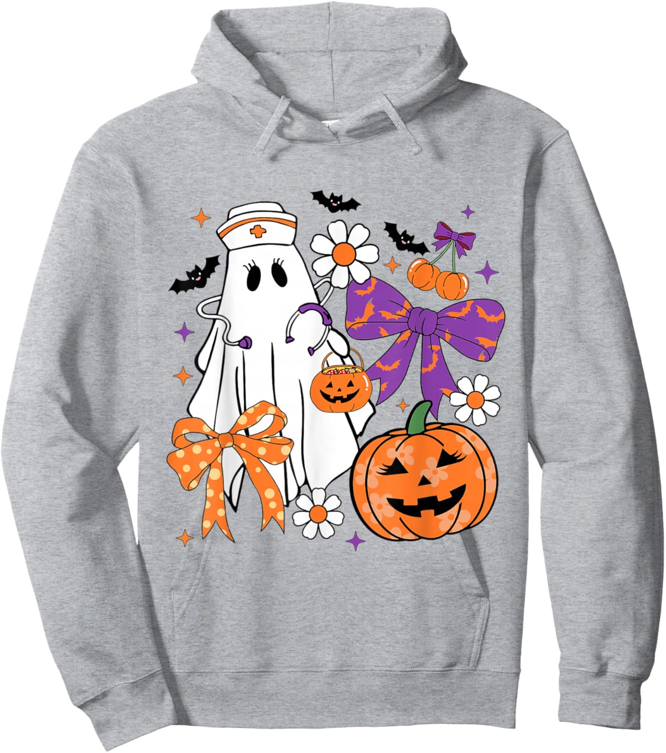 Halloween Ghost Nurse Coquette Bow Pumpkin Nursing Student Hoodie - Hoodie | Ash