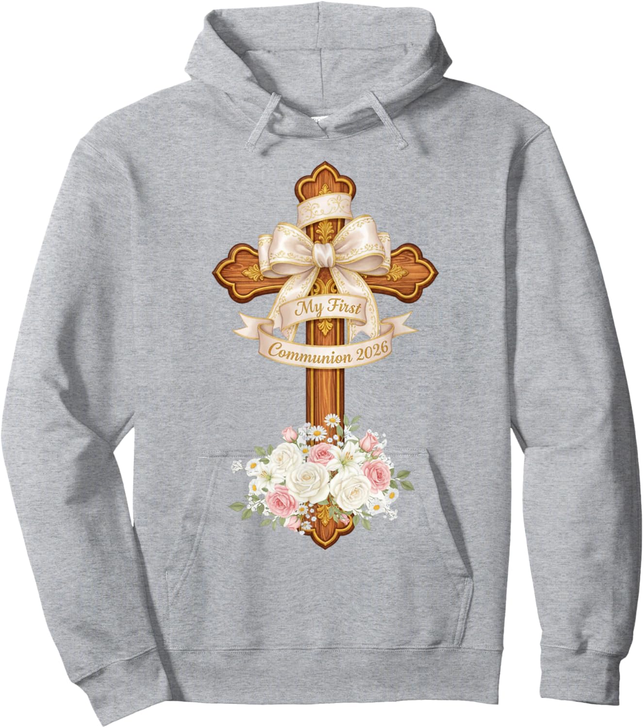 My First Communion 2026 Girls Coquette Bow Eucharist Hoodie - Hoodie | Ash
