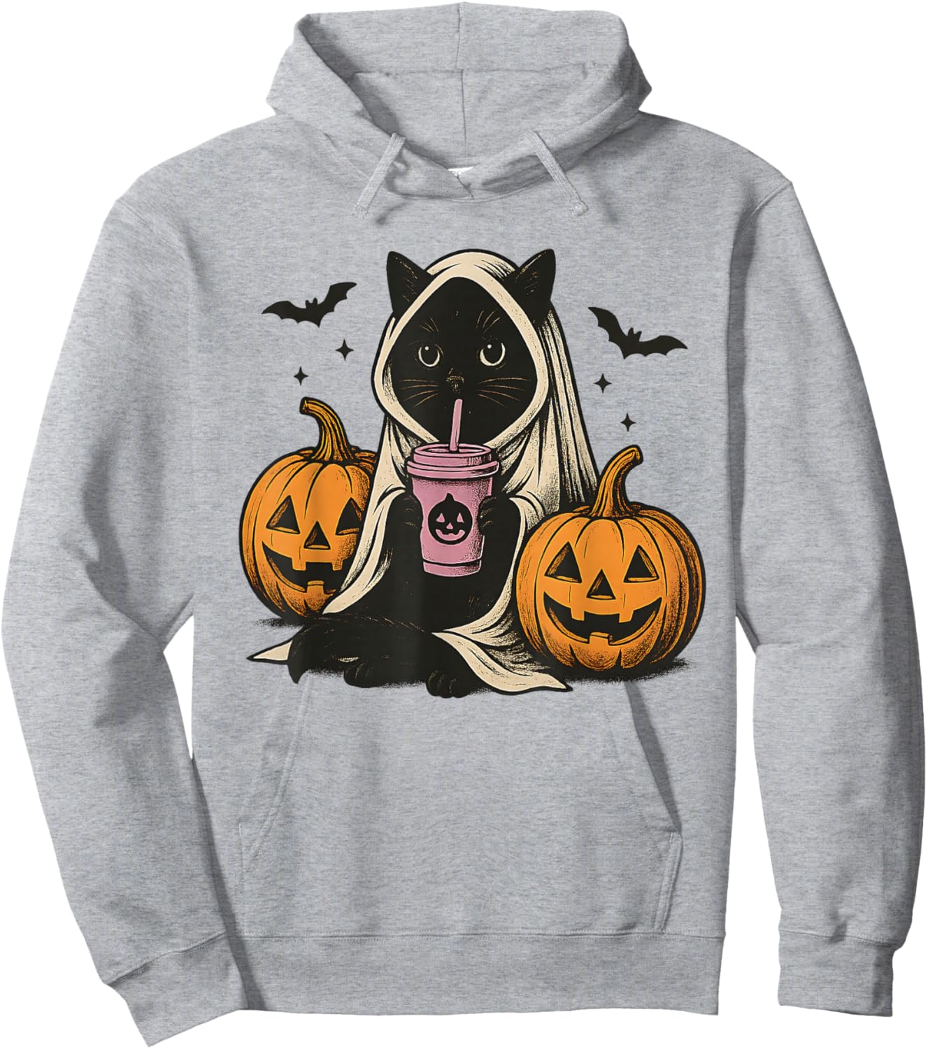 Black Cat Ghost Halloween Hoodie - Hoodie | Ash