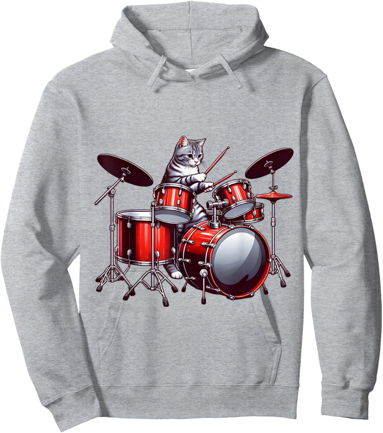 Cat Playing Drums Funny Percussionist Drummer Cat Graphic Hoodie - Hoodie | Ash