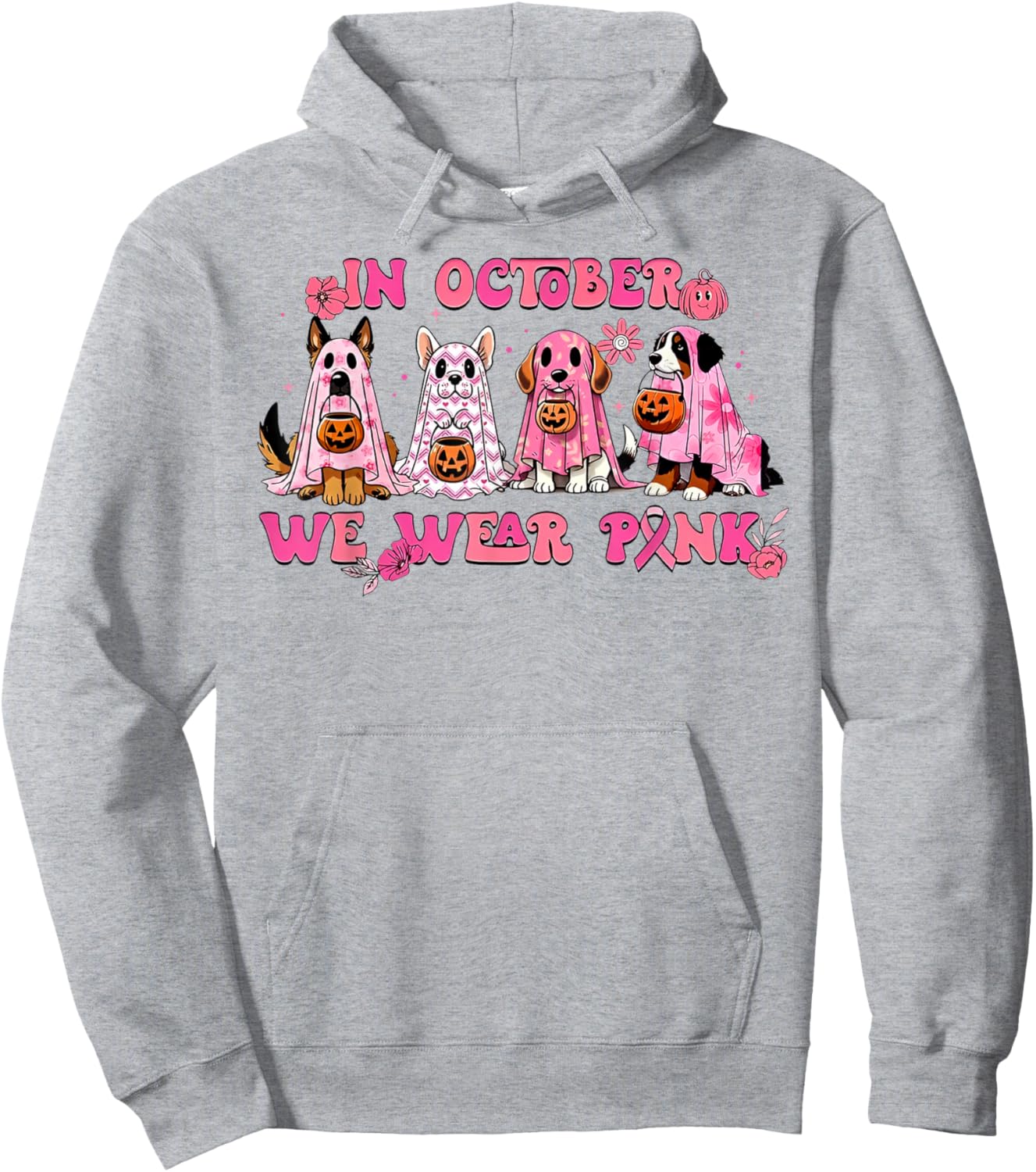 In October We Wear Pink Dog Ghost Breast Cancer Awareness Hoodie - Hoodie | Ash