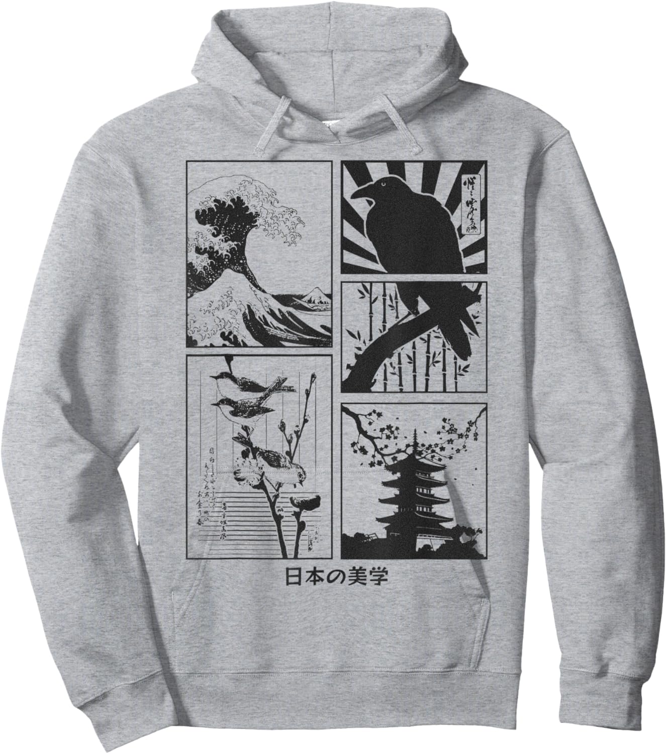 Japanese Art Birds on Cherry Blossom and Kyosai Crow Raven Hoodie - Hoodie | Ash