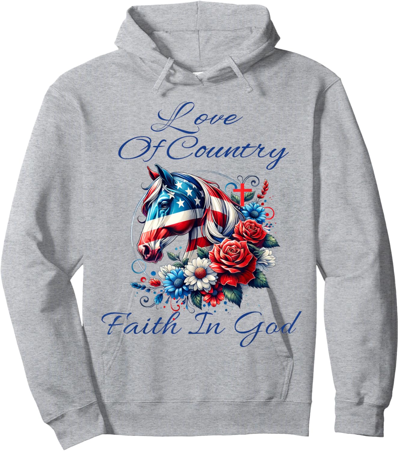 Patriotic Christian Faith In God Cool Horse Lady & Cross Hoodie - Hoodie | Ash