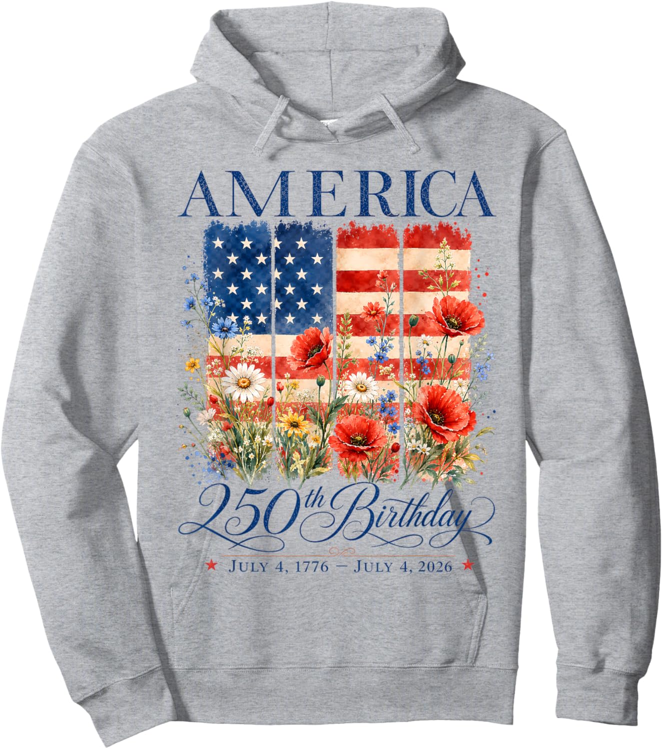 250th Anniversary USA 4th of July America 250 Years Floral Hoodie - Hoodie | Ash