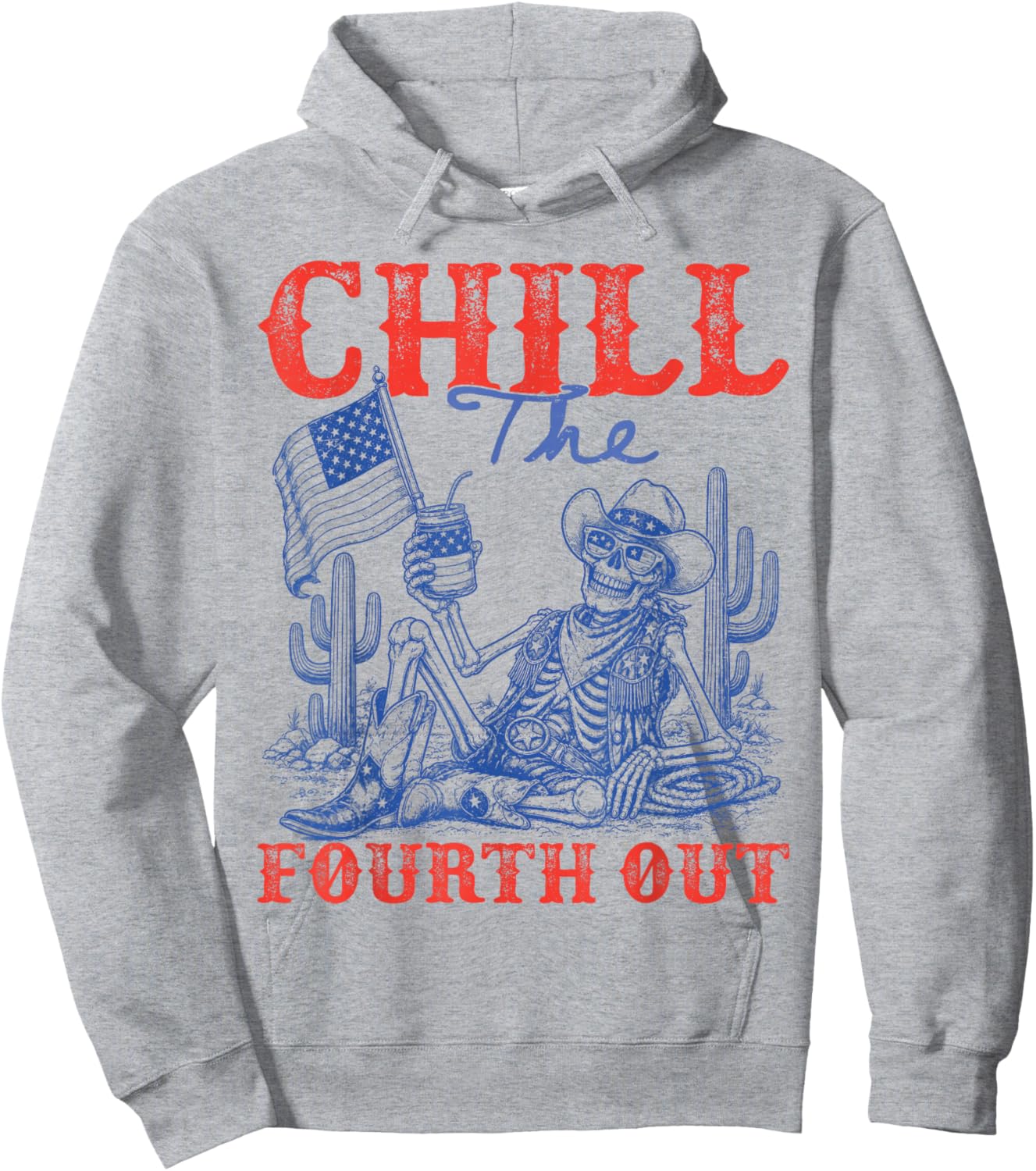 Skeleton US Flag 4th of July Cowboy Chill The Fourth Out Hoodie - Hoodie | Ash