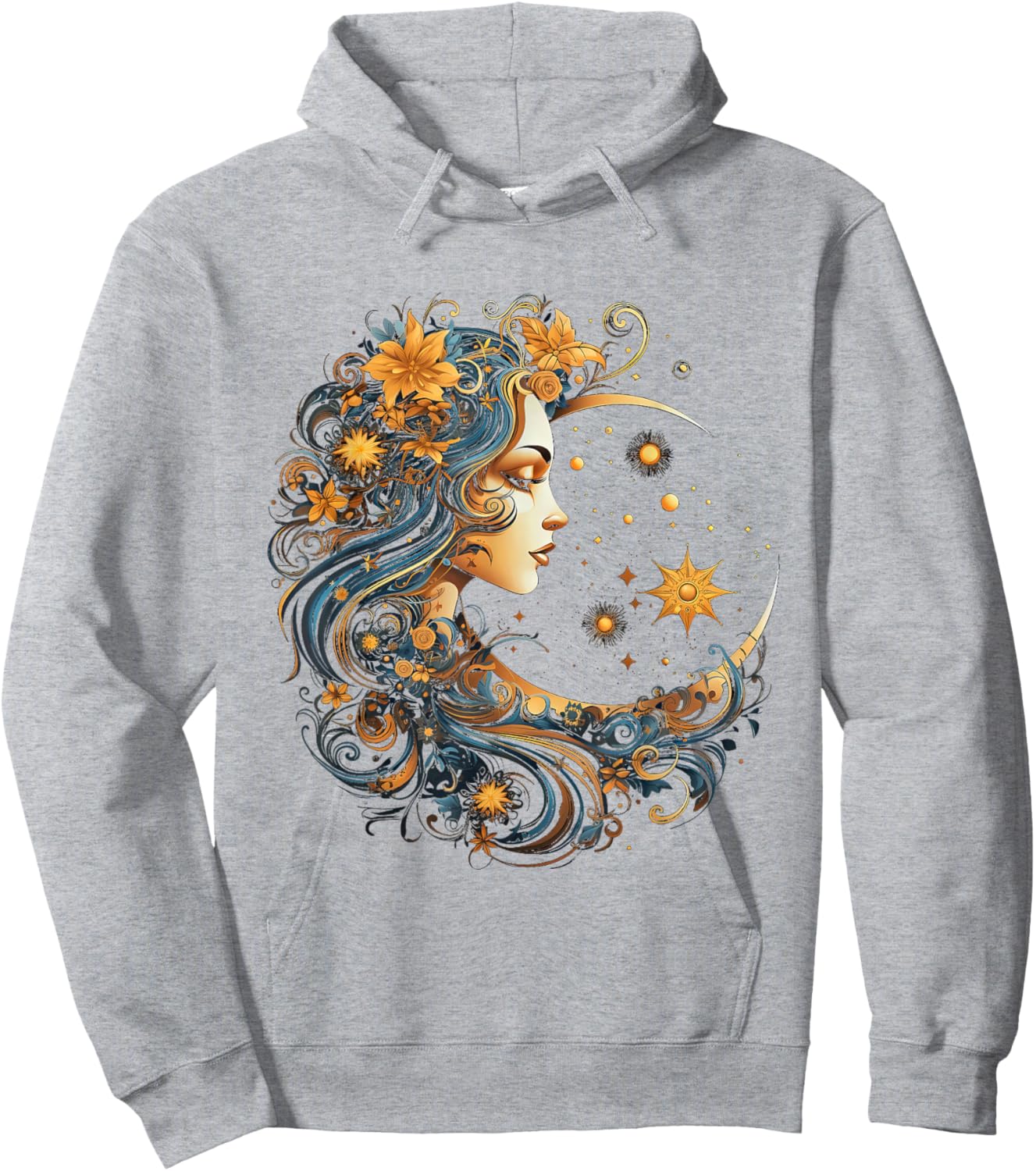 Mystical Sun and Moon with Woman Mystical Flowers Aesthetic Hoodie - Hoodie | Ash