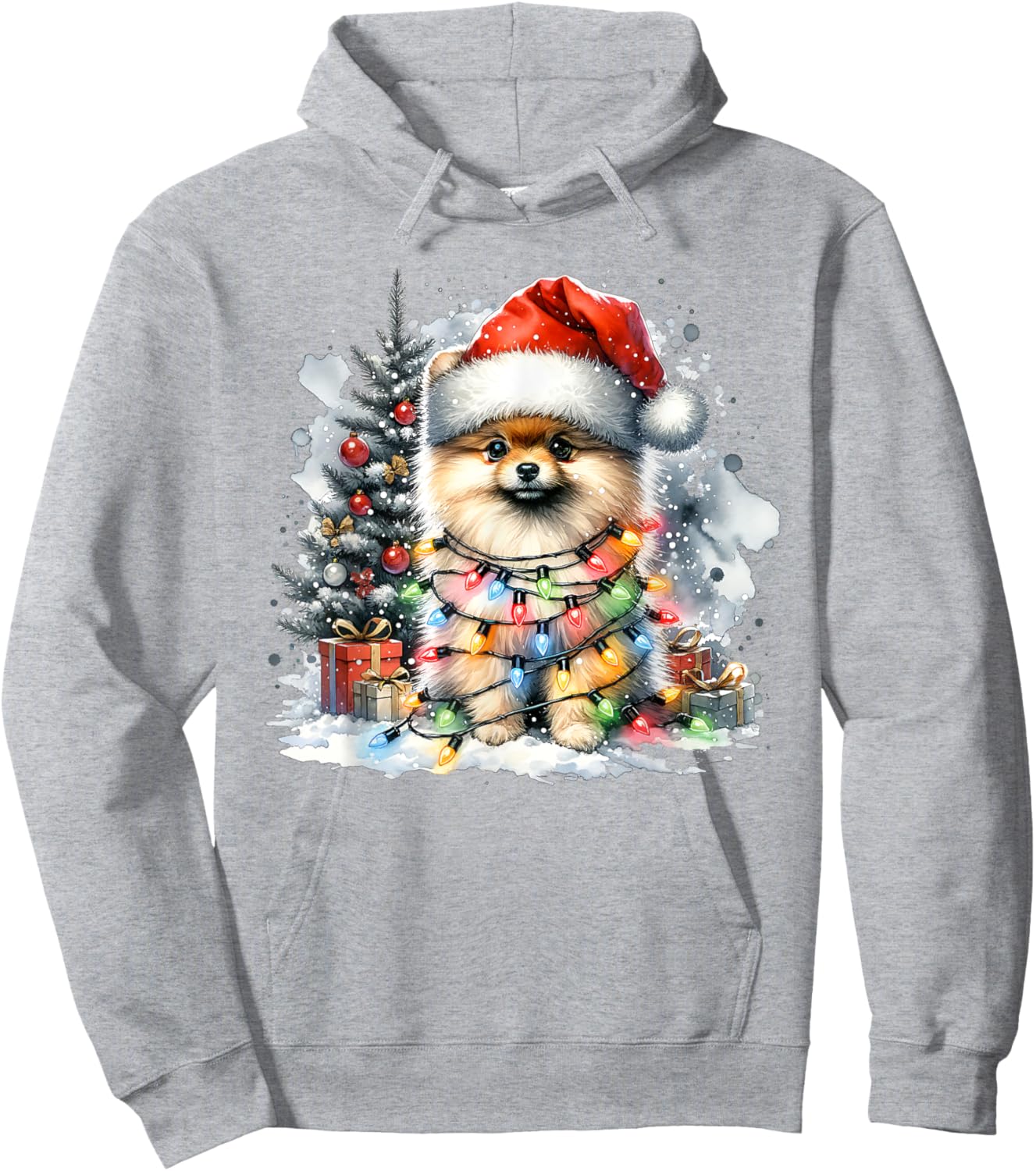 Funny Cute Santa Pomeranian Dog Tangled In Christmas Lights Hoodie - Hoodie | Ash