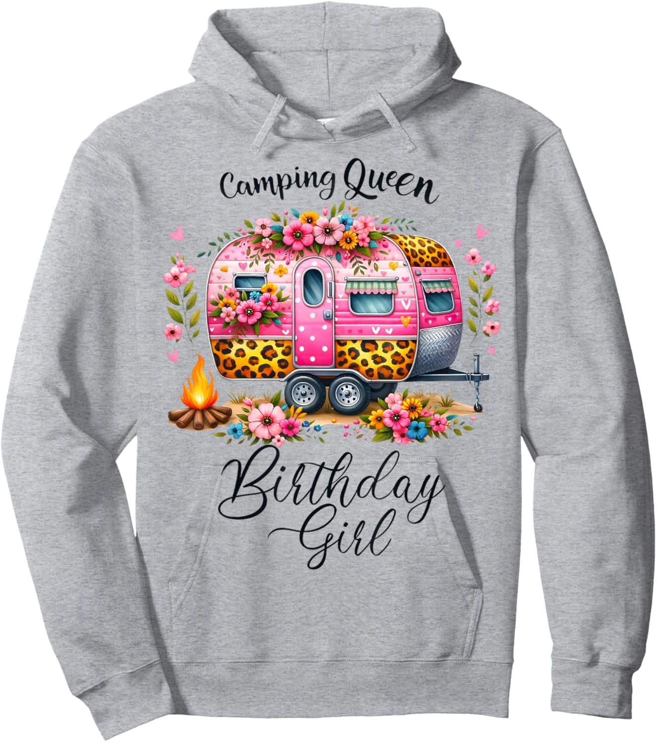 Birthday Camping Queen Camp Pink Floral Van Birthday Girl Hoodie - Hoodie | Ash