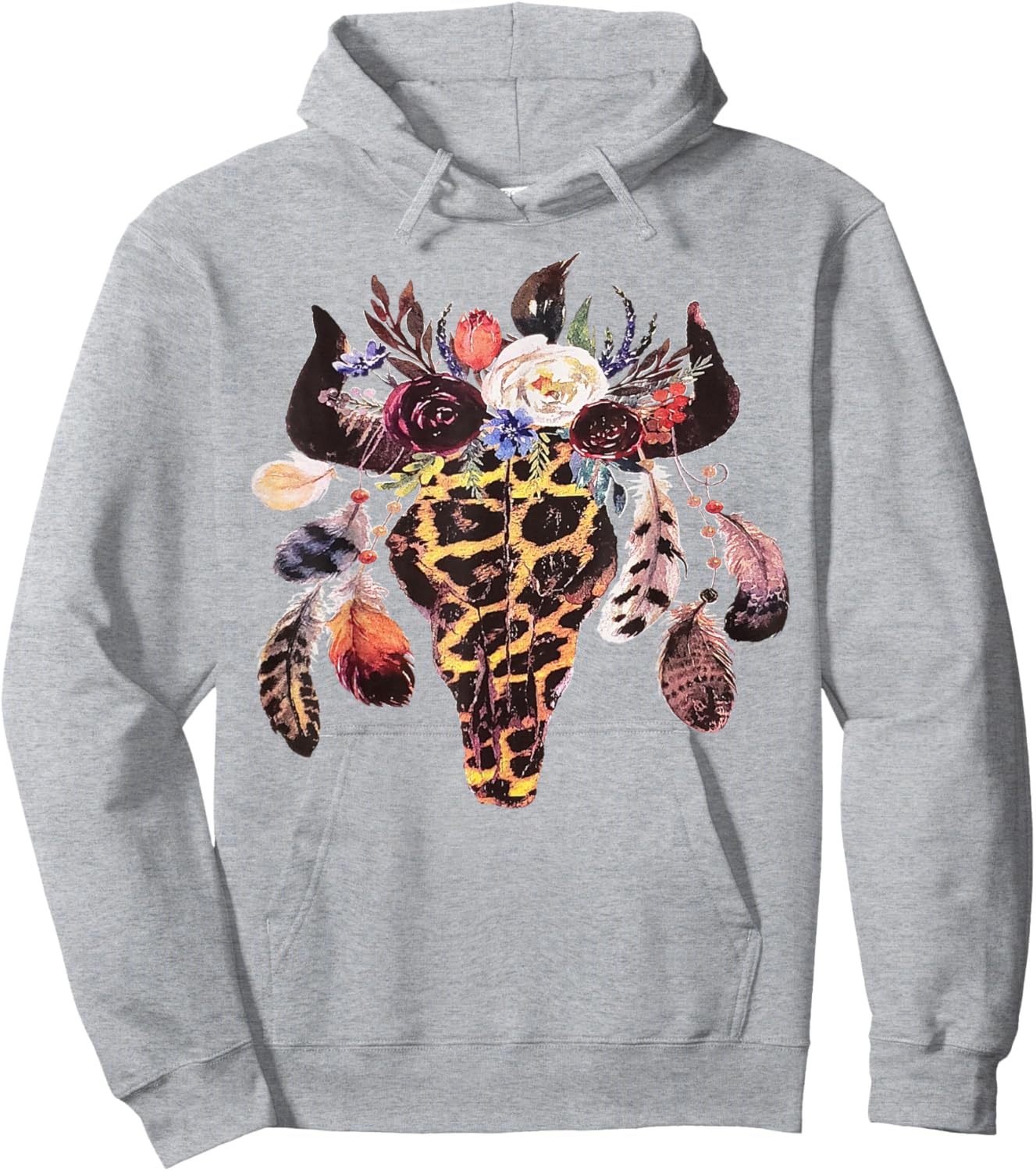Western Boho Cow Cowgirl Cowboy Bull Skull Leopard Vintage Hoodie - Hoodie | Ash