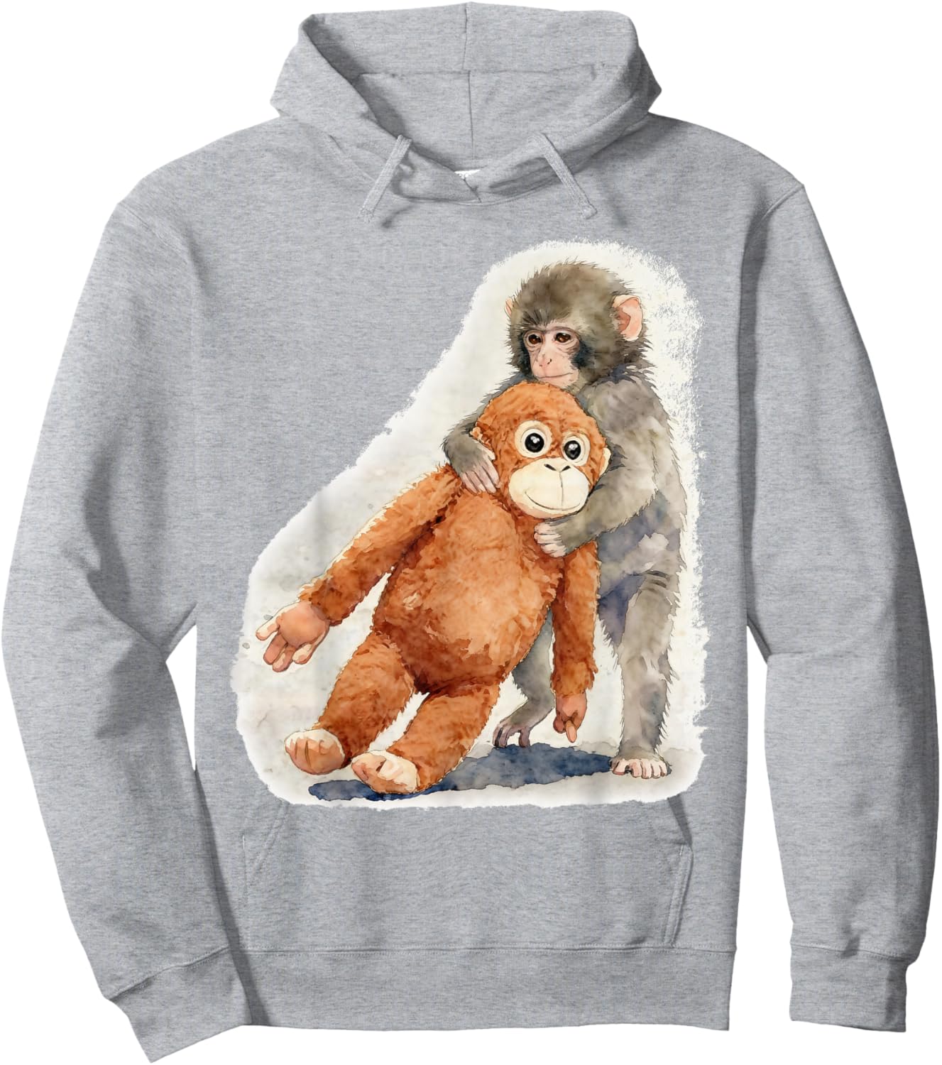 Punch – Cute Baby Monkey and Orangutan Plush Watercolor Hoodie - Hoodie | Ash