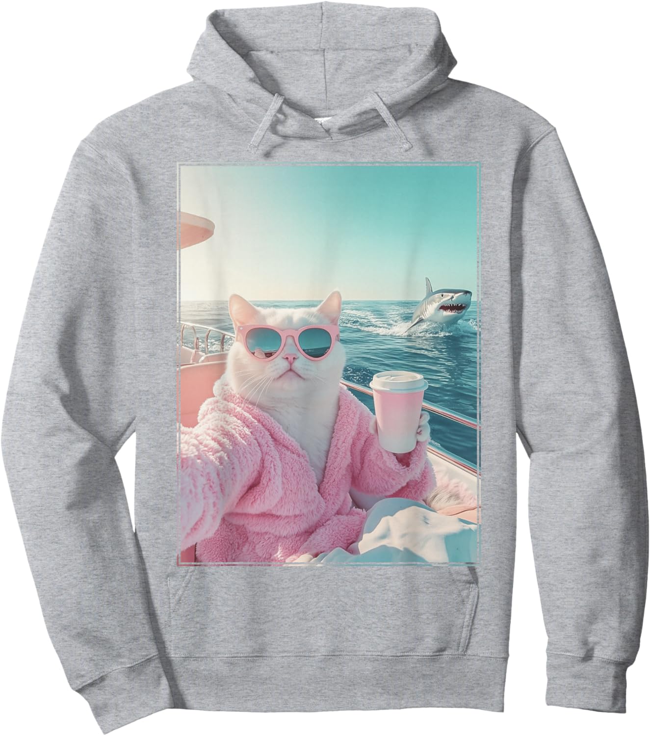 Relaxed Cat on Yacht Boat and Shark Funny Cat Meme Hoodie - Hoodie | Ash